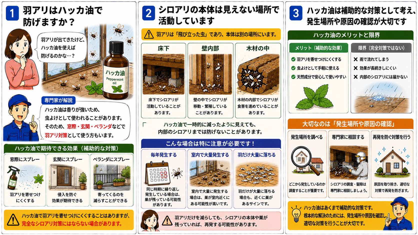ハッカ油で羽アリを防げるかを解説する16対9の3コマ漫画。ハッカ油の強い香りで窓際・玄関・ベランダなどの羽アリを寄せつけにくくする可能性がある一方、床下・壁内部・木材の中で活動するシロアリ本体までは防げないことや、毎年発生する・室内で大量発生する・羽だけ大量に落ちる場合の注意点、発生場所や原因確認の重要性をイラスト付きで分かりやすく説明している。