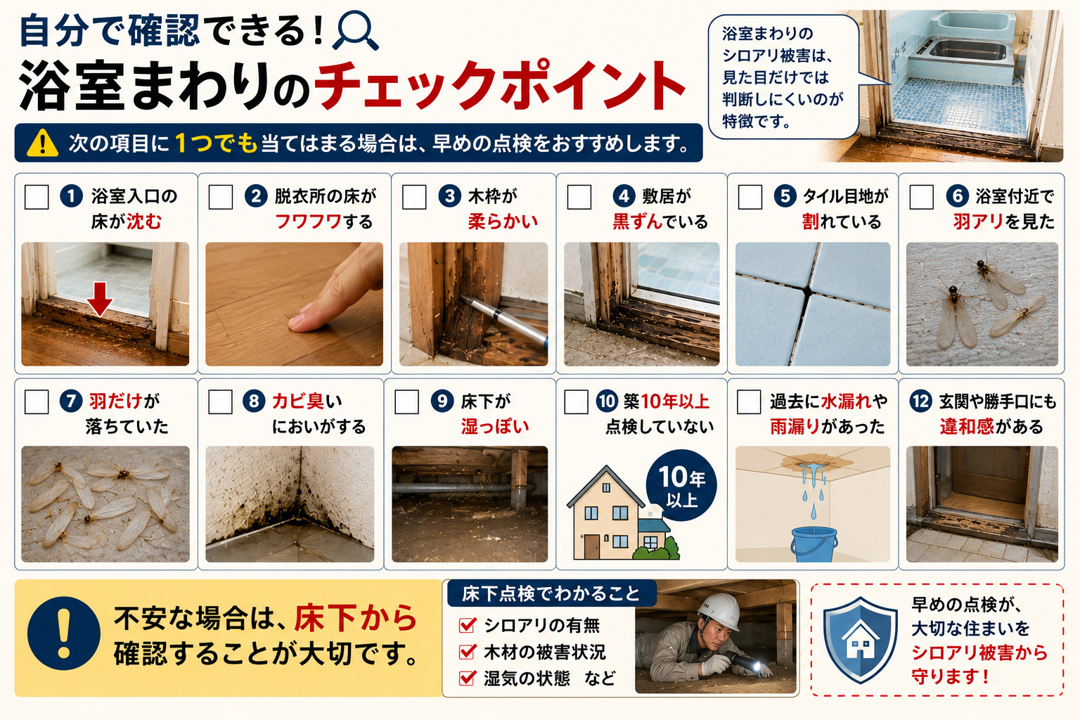 浴室まわりのシロアリ被害を自分で確認するためのチェックポイントを解説した16:9インフォグラフィック。浴室入口の床沈み、脱衣所のフワフワ感、木枠の劣化、黒ずんだ敷居、割れたタイル目地、羽アリ発生、カビ臭さ、湿った床下など、シロアリ被害の見逃しやすい症状を写真付きで紹介。築10年以上の住宅や過去に水漏れ・雨漏りがあった住宅で注意すべきポイントと、床下確認の重要性を分かりやすく説明