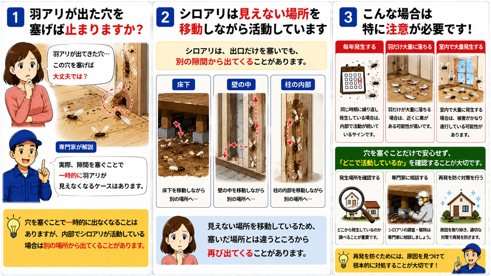 羽アリが出た穴を塞いでも再発する可能性を解説する16対9の3コマ漫画。羽アリが出た穴を塞ぐことで一時的に見えなくなるケースがある一方、シロアリは床下・壁の中・柱内部など見えない場所を移動しながら活動しているため、別の隙間から再び羽アリが出る可能性や、毎年発生する・羽だけ大量に落ちる・室内で大量発生する場合の注意点、「どこで活動しているか」を確認する重要性をイラスト付きで分かりやすく説明している。