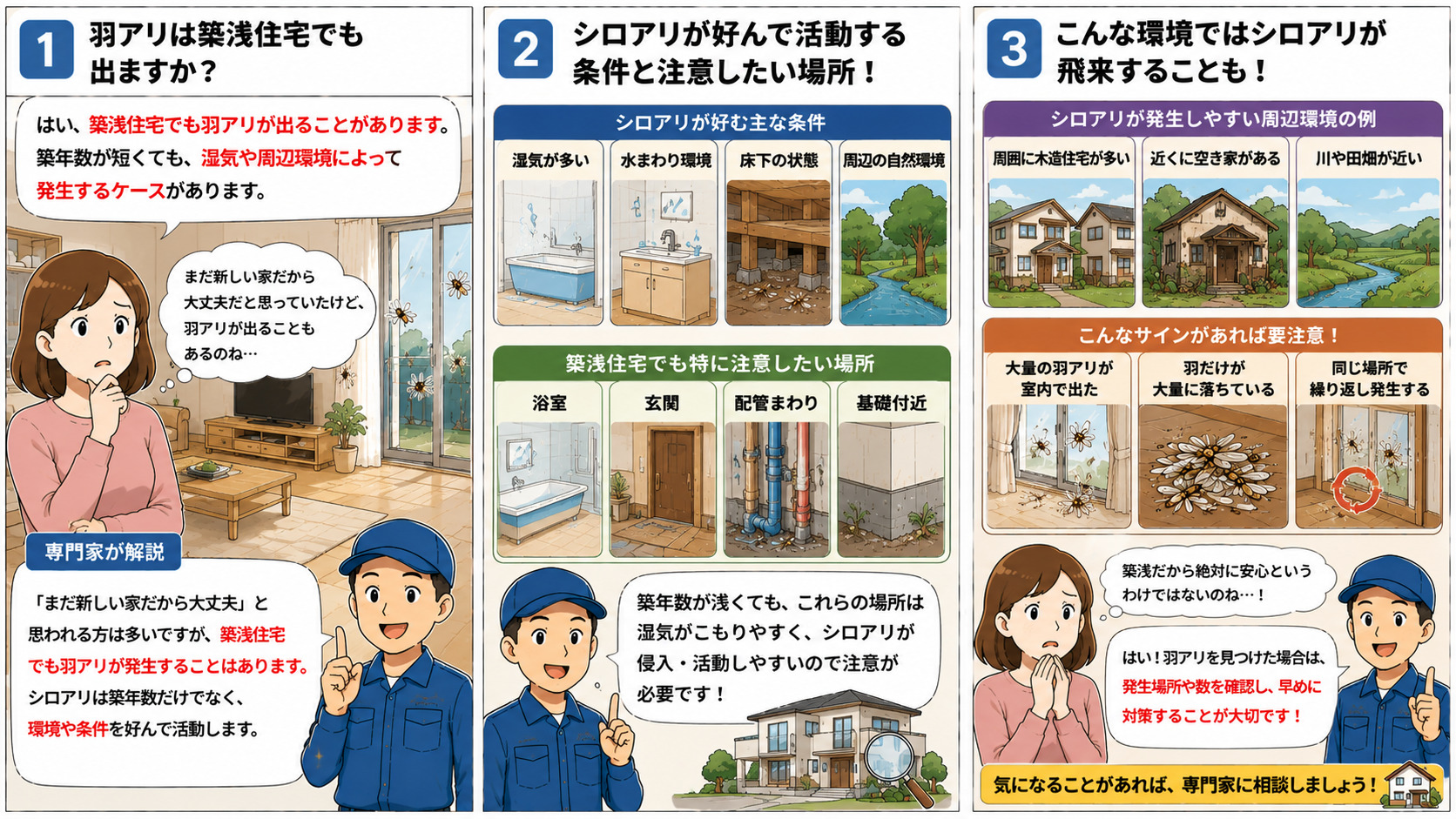 築浅住宅でも羽アリが発生する原因を解説する16対9の3コマ漫画。湿気・水まわり環境・床下状態・周辺の自然環境などによって、築年数が浅い家でもシロアリが侵入する可能性や、浴室・玄関・配管まわり・基礎付近など注意すべき場所、周囲に木造住宅や空き家、川や田畑がある環境で羽アリが飛来するケースをイラスト付きで分かりやすく説明している。