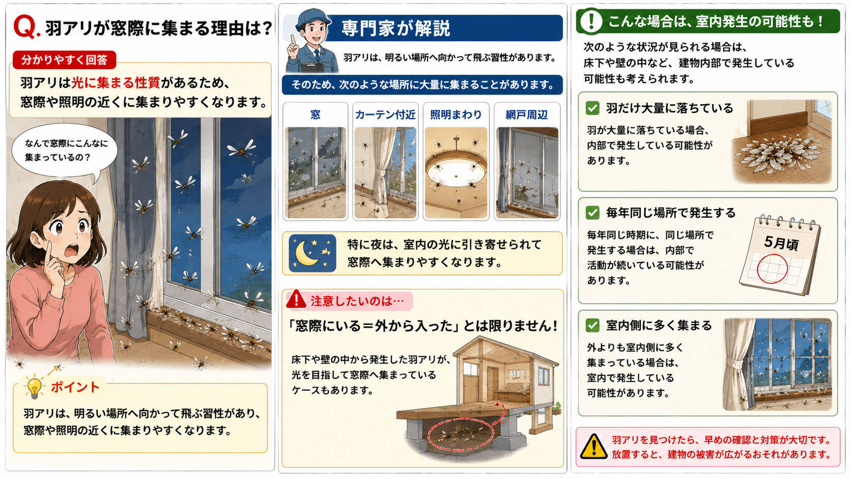 羽アリが窓際に集まる理由を解説した16対9のシロアリ対策インフォグラフィック。窓際に集まる羽アリを見て不安になる女性と、羽アリが光に集まる性質、窓・カーテン付近・照明まわり・網戸周辺に集まりやすい理由を専門家が説明。羽だけが大量に落ちている、毎年同じ場所で発生する、室内側に多く集まる場合は床下や壁内からの室内発生の可能性があることを分かりやすく伝える画像
