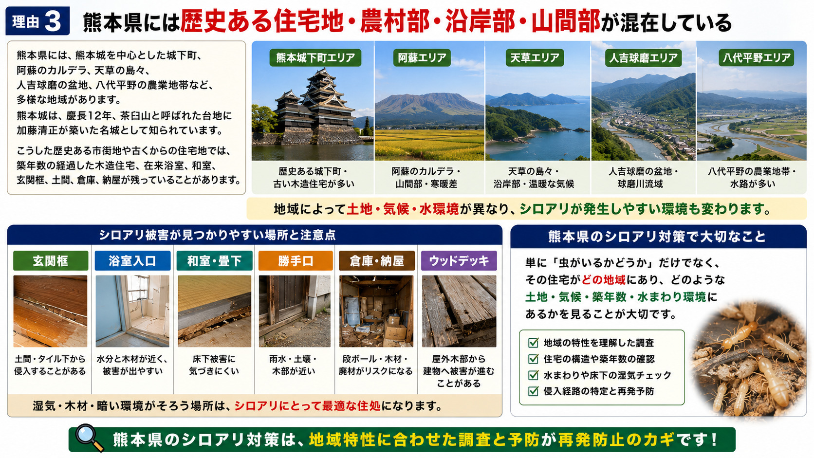 熊本県に歴史ある住宅地・農村部・沿岸部・山間部が混在することによるシロアリ発生リスクを、熊本城下町・阿蘇・天草・人吉球磨・八代平野の地域特性と、玄関框・浴室入口・和室・勝手口・倉庫・ウッドデッキなど被害が見つかりやすい場所ごとに写真付きで解説した画像