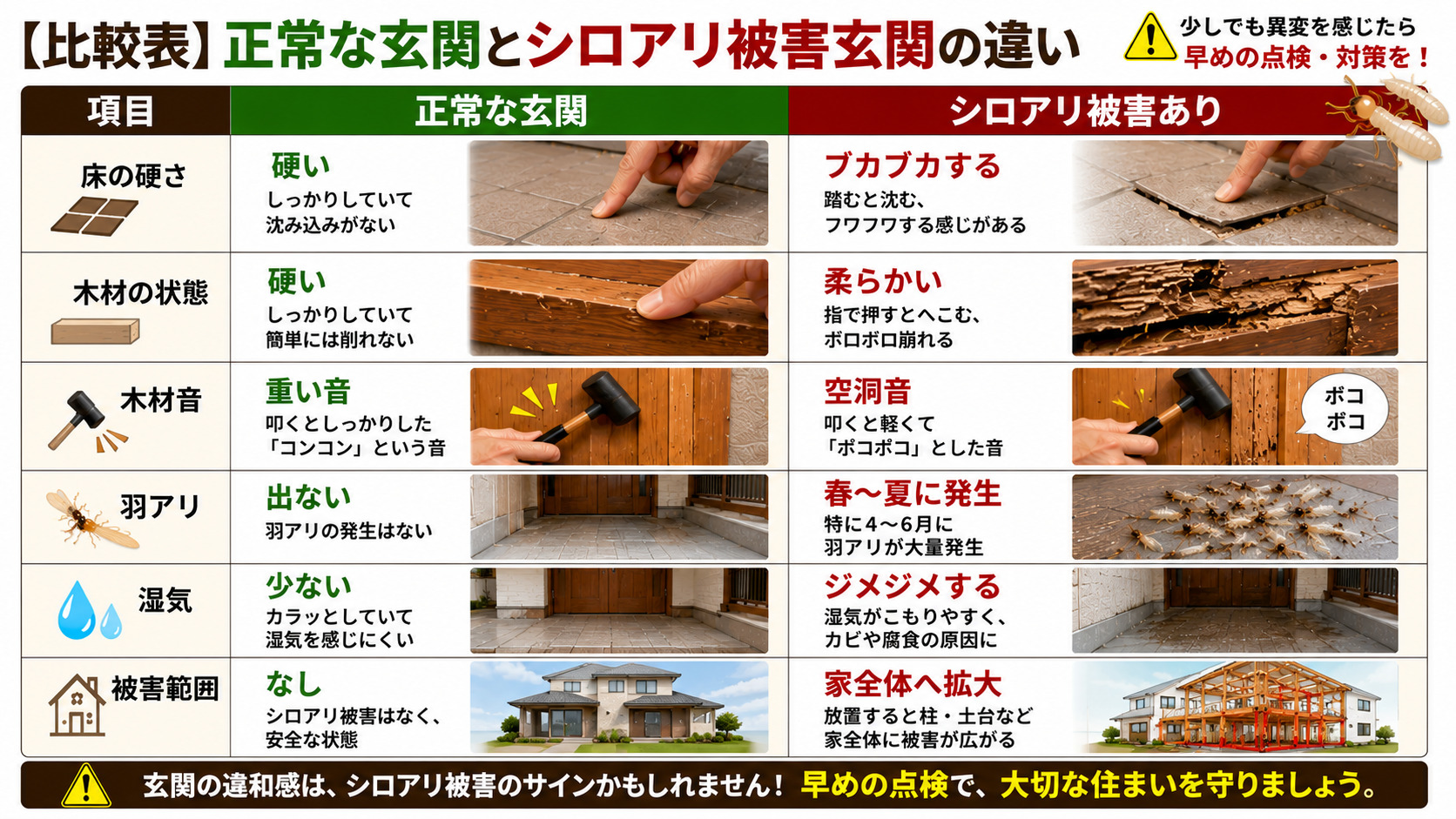正常な玄関とシロアリ被害がある玄関の違いを比較した16対9のインフォグラフィック画像。床の硬さ・木材の状態・空洞音・羽アリ発生・湿気・被害範囲などを一覧表で比較し、正常な玄関は硬く乾燥している一方、シロアリ被害玄関はブカブカ・柔らかい・湿気が多い特徴を写真付きで分かりやすく解説した注意喚起バナー。