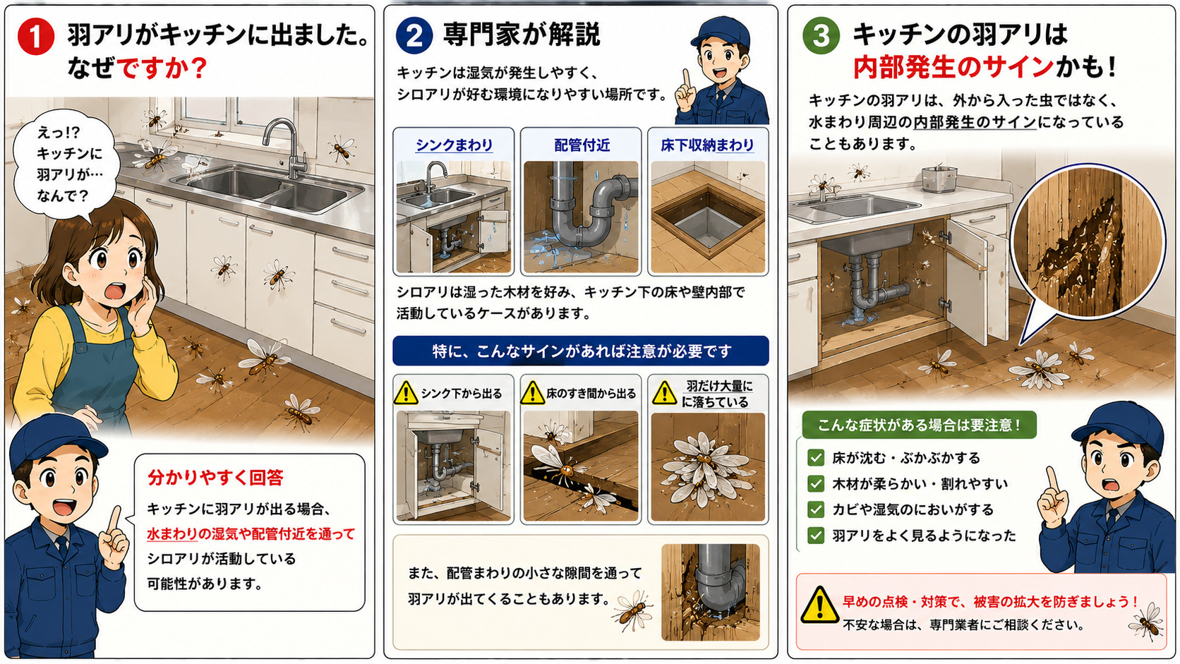 キッチンに羽アリが発生した原因として、シンク下や配管付近、床下収納まわりの湿気によるシロアリ活動の可能性や、羽の大量落下・床の沈み・木材劣化などの注意サインを解説した3コマ漫画。
