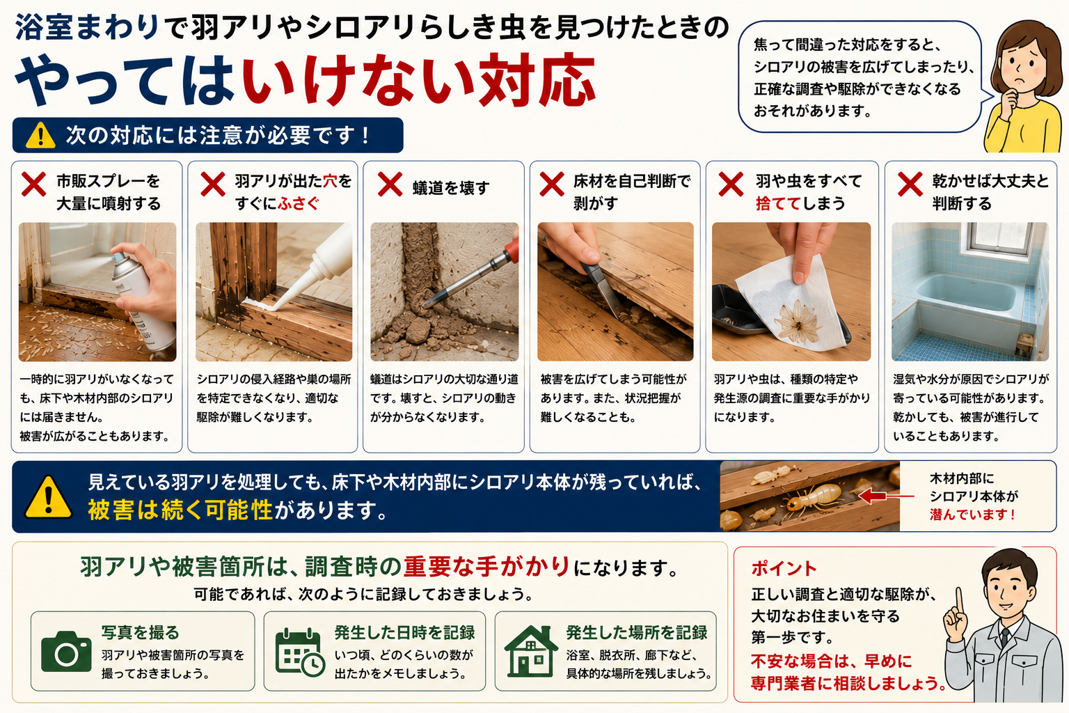 浴室まわりで羽アリやシロアリらしき虫を見つけた際の「やってはいけない対応」を解説した16:9インフォグラフィック。市販スプレーを大量噴射する、羽アリが出た穴をふさぐ、蟻道を壊す、床材を自己判断で剥がす、羽や虫を捨てる、乾かせば大丈夫と判断するなど、被害を悪化させる危険行動を写真付きで紹介。見えている羽アリだけを処理しても木材内部にシロアリ本体が残っている可能性や、発生日時・場所・写真記録の重要性を分かりやすく説明