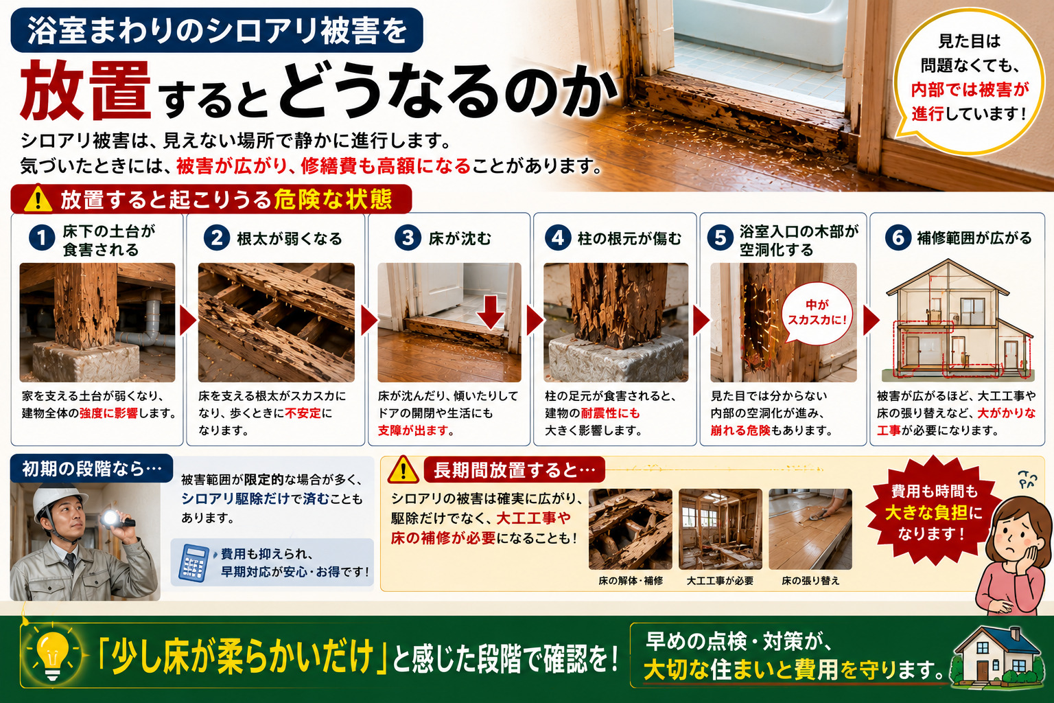 浴室まわりのシロアリ被害を放置した場合の危険性を解説した16:9インフォグラフィック。床下の土台が食害される、根太が弱くなる、床が沈む、柱の根元が傷む、浴室入口の木部が空洞化する、補修範囲が広がるなど、シロアリ被害が進行する流れを写真付きで紹介。見えない場所で静かに進行する浴室まわりのシロアリ被害と、放置による大工工事や床補修など高額修繕リスク、早めの点検の重要性を分かりやすく説明