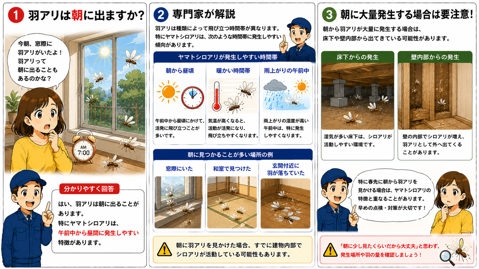 朝に羽アリが発生しやすい理由として、ヤマトシロアリが午前中から昼頃や雨上がりの暖かい朝に飛び立つ特徴、窓際・和室・玄関付近で見つかりやすい状況、床下や壁内部から発生している可能性を解説した3コマ漫画。