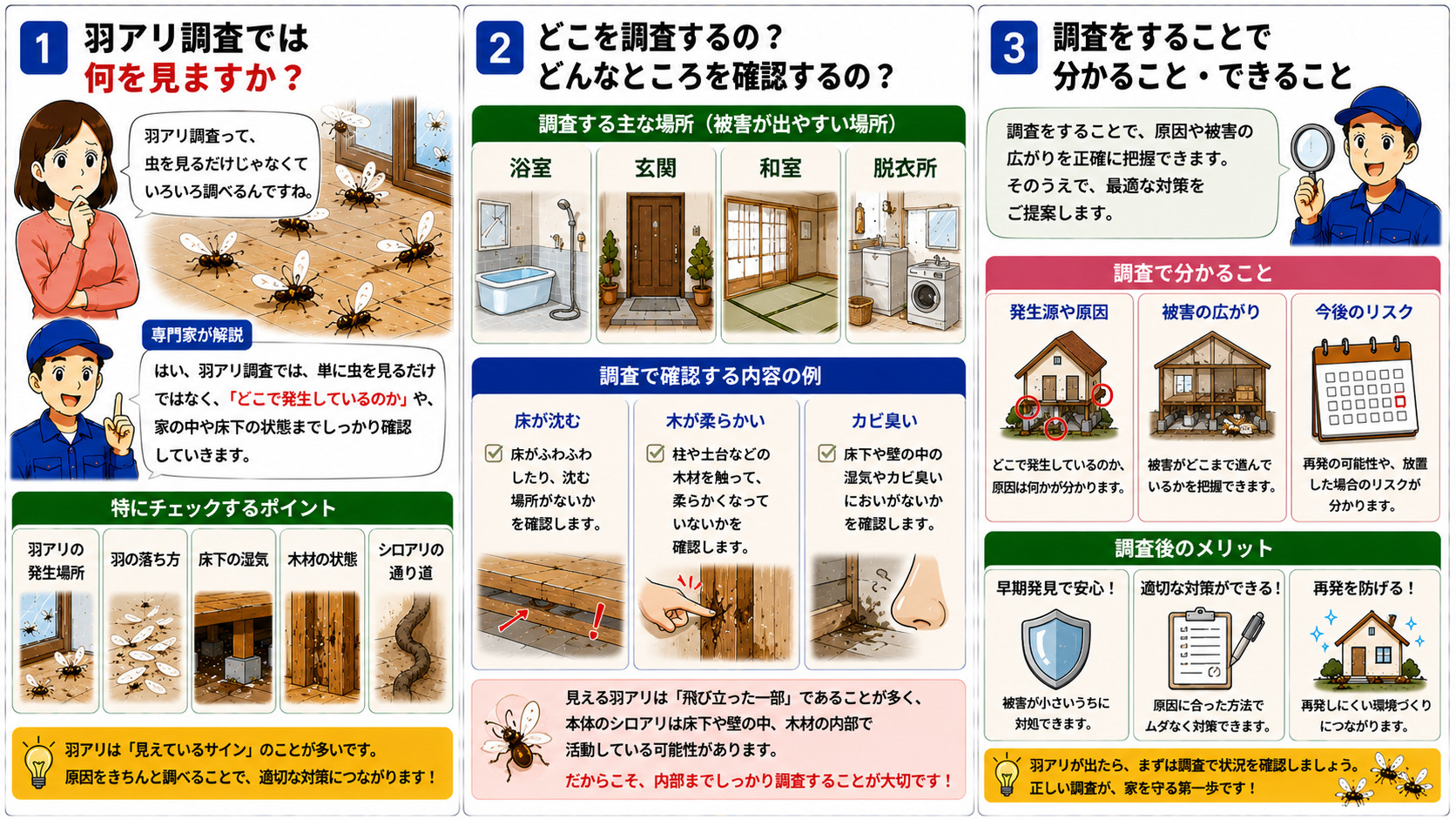 羽アリ調査で確認するポイントを解説する16対9の3コマ漫画。羽アリの発生場所・羽の落ち方・床下湿気・木材状態・シロアリの通り道などを調査する様子や、浴室・玄関・和室・脱衣所など被害が出やすい場所の点検、床が沈む・木が柔らかい・カビ臭いなどの症状確認、羽アリは内部被害のサインである可能性をイラスト付きで分かりやすく説明している。