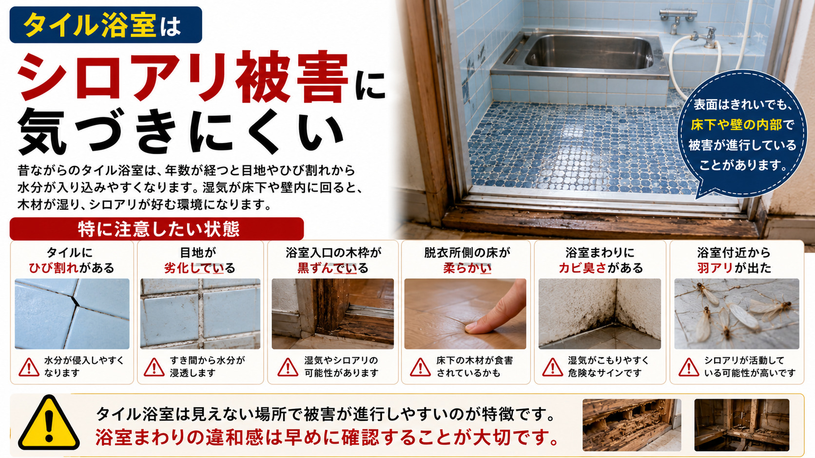 タイル浴室のシロアリ被害に注意を呼びかける16:9解説画像。ひび割れたタイル、劣化した目地、黒ずんだ浴室入口の木枠、柔らかくなった脱衣所の床、カビ臭い浴室まわり、羽アリ発生など、見逃しやすいシロアリ被害の危険サインを写真付きで紹介。見た目は問題なくても床下や壁内部で被害が進行する可能性と、熊本の高湿度環境によるシロアリリスクを分かりやすく説明