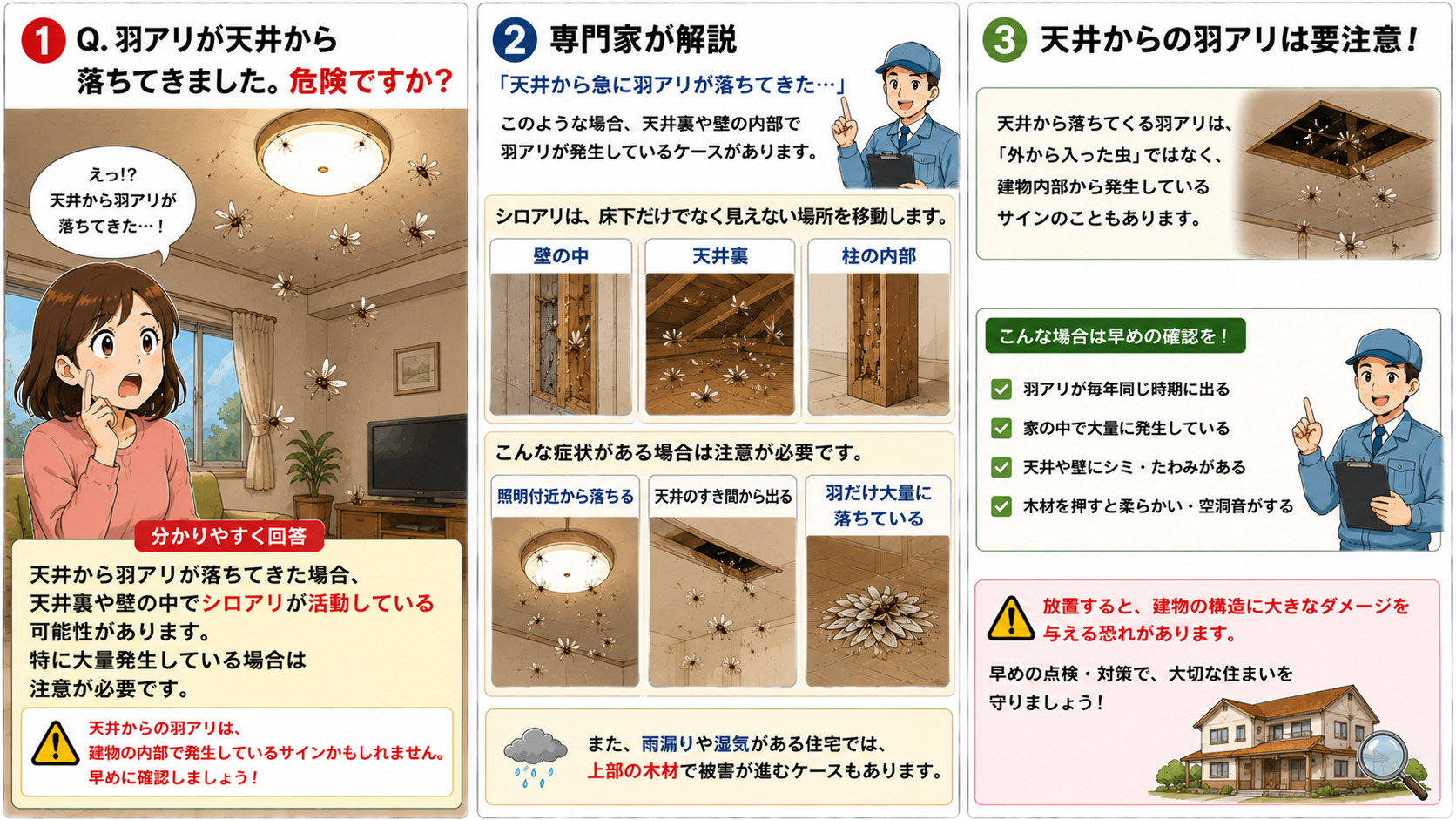 天井から羽アリが落ちてきて不安になる女性を描いた16対9の3コマ漫画。天井裏や壁の中、柱の内部でシロアリが活動している可能性や、照明付近から落ちる、天井のすき間から出る、羽だけが大量に落ちている場合の注意点を専門家が解説。雨漏りや湿気のある住宅では上部の木材で被害が進むこともあり、早めの確認が大切であることを分かりやすく伝えるシロアリ対策インフォグラフィック