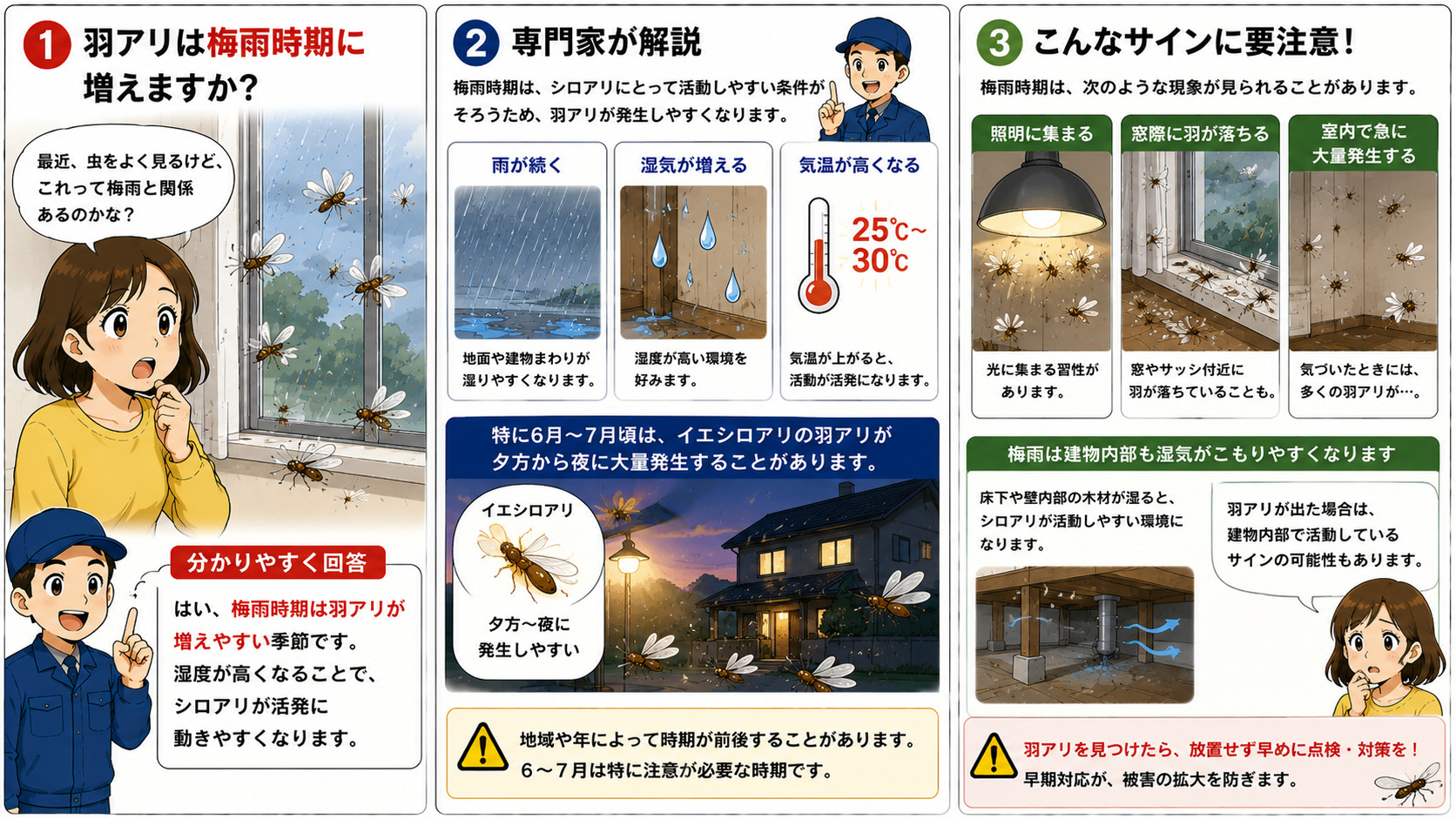 梅雨時期に羽アリが増える理由として、雨や高湿度・気温上昇によってシロアリが活発化する様子や、6月〜7月頃のイエシロアリの大量発生、照明や窓際に集まる特徴、建物内部の湿気による被害リスクを解説した3コマ漫画。