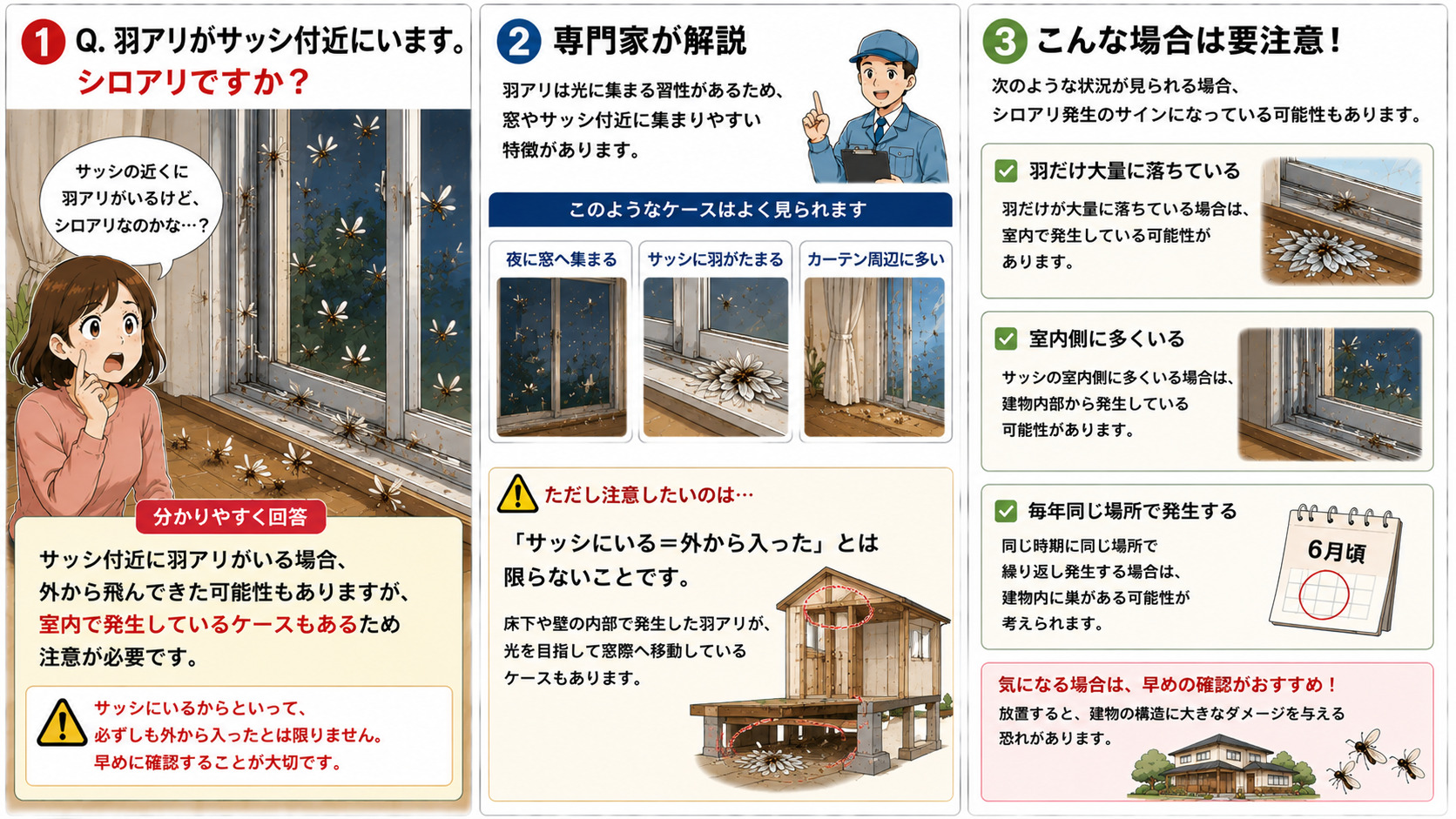 サッシ付近に羽アリがいてシロアリか不安になる女性を描いた16対9の3コマ漫画。羽アリは光に集まる習性があり、窓やサッシ、カーテン周辺に集まりやすいことを専門家が解説。サッシに羽がたまる、室内側に多くいる、毎年同じ場所で発生する場合は、床下や壁の内部で発生したシロアリのサインである可能性を分かりやすく伝えるシロアリ対策インフォグラフィック