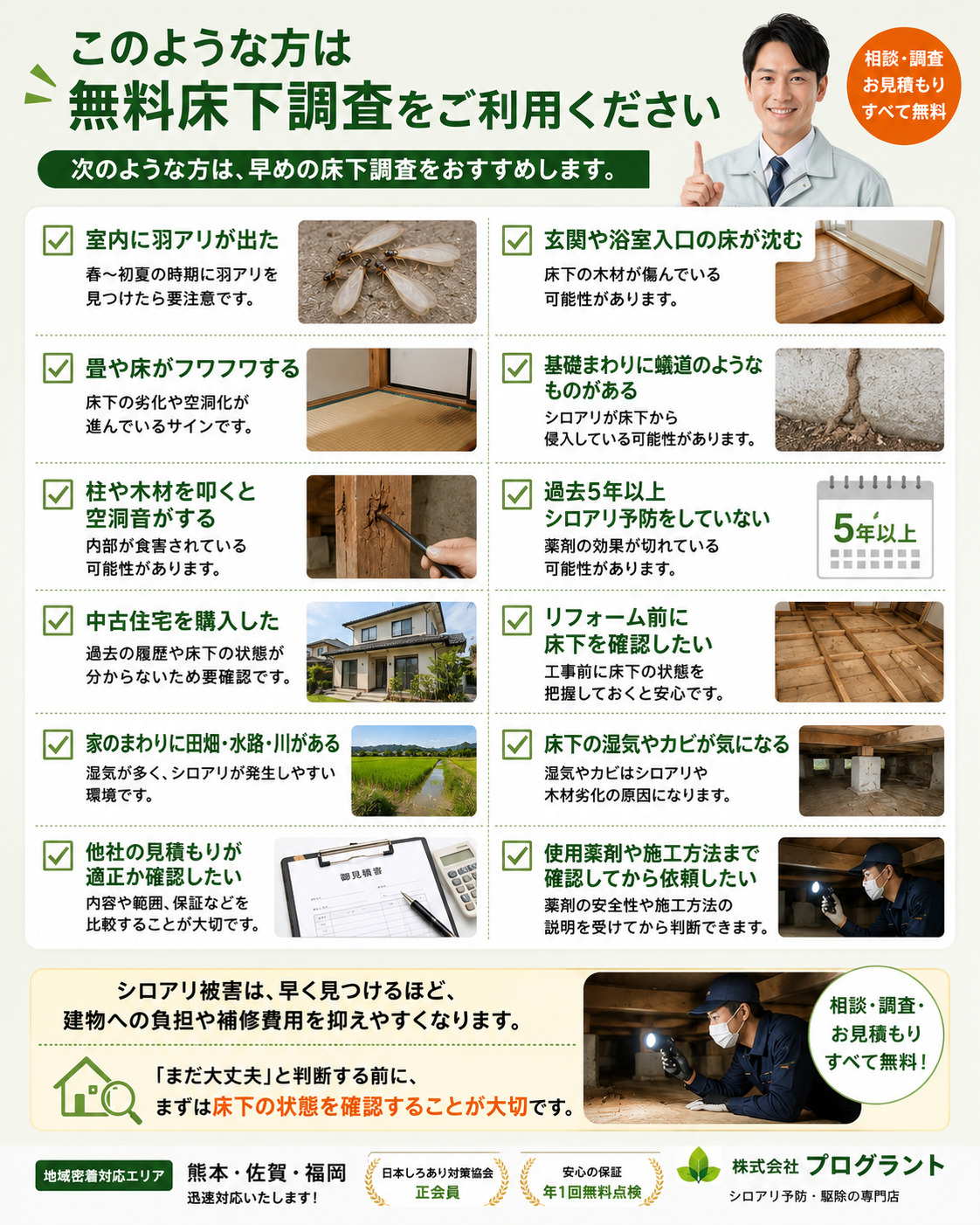 無料床下調査をおすすめする症状や住宅条件をまとめた画像。室内の羽アリ、玄関や浴室入口の床沈み、畳や床のフワフワ、基礎まわりの蟻道、木材の空洞音、5年以上未点検、中古住宅購入、リフォーム前確認、田畑・水路・川に近い住宅、床下の湿気やカビ、他社見積もり確認、使用薬剤や施工方法の確認など、早めに床下状態を確認すべきサインを紹介する株式会社プログラントのシロアリ対策案内。