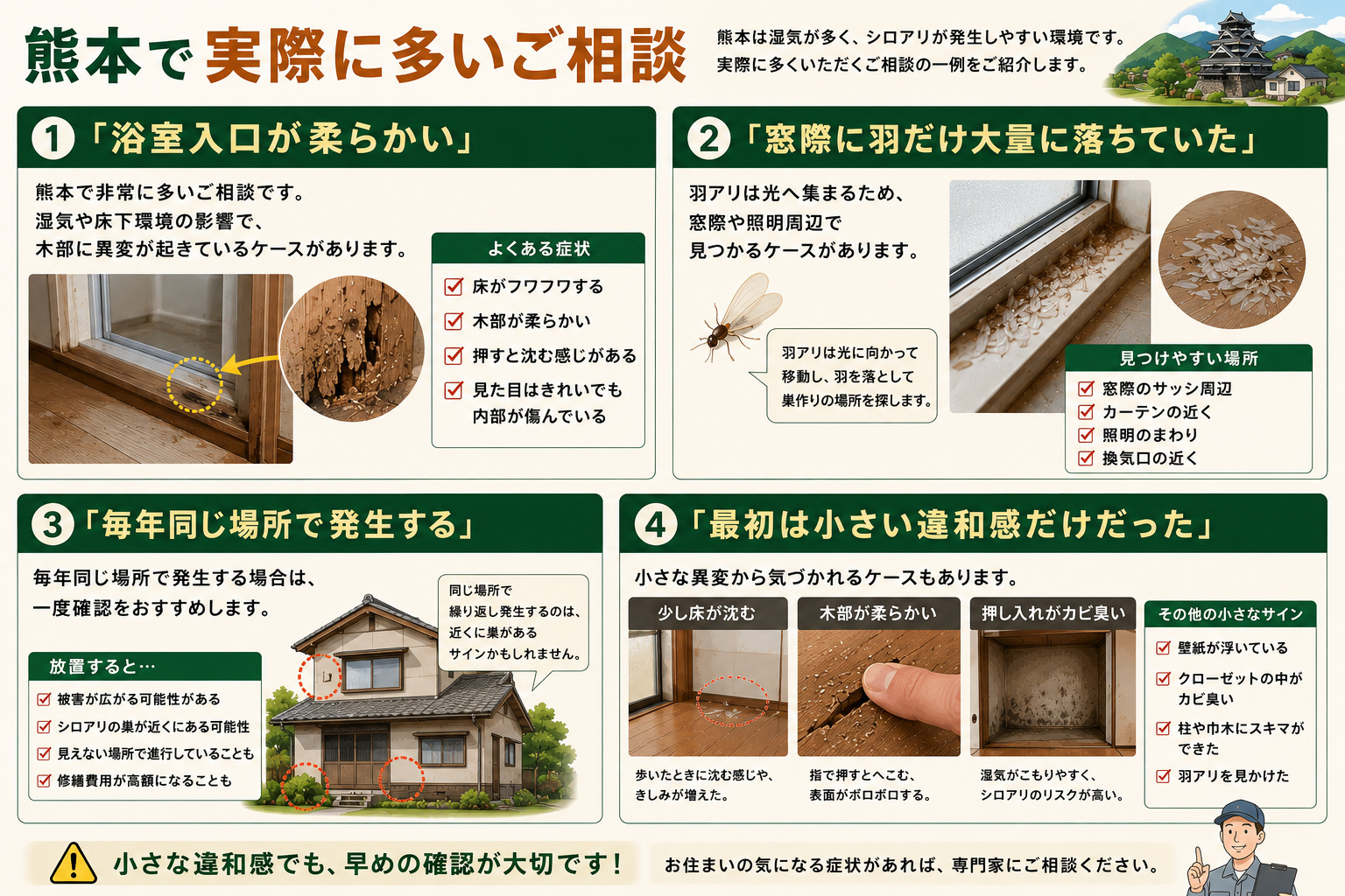 『まだ相談するほどではないかも…』と感じている方向けに、熊本で多い羽アリやシロアリ被害の相談内容を写真付きで解説した16対9のインフォグラフィック。『小さい虫だから様子を見ていた』『まだ大丈夫だと思っていた』『気のせいだと思っていた』という実際に多い声を紹介し、床下湿気・木部劣化・住宅内部の異変などが羽アリをきっかけに見つかるケースを説明。毎年発生する、室内側から出ている、床に違和感がある、浴室入口が柔らかいなどの注意サインを写真付きで表示し、早めの確認の重要性を分かりやすく伝えるシロアリ対策