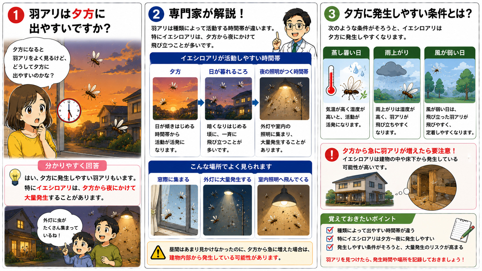 夕方に羽アリが発生しやすい理由として、イエシロアリが夕方から夜にかけて飛び立つ特徴や、外灯・窓際・室内照明に集まりやすい様子、蒸し暑い日・雨上がり・風の弱い日に大量発生しやすい条件を解説した、夕焼けトーンの3コマ漫画。