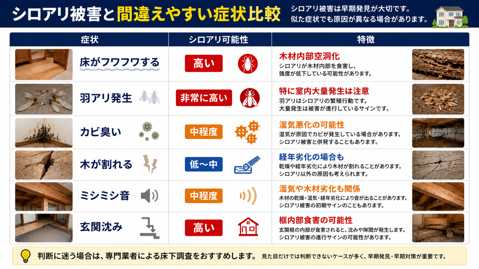 熊本の住宅で見られるシロアリ被害と間違えやすい症状を比較した16対9インフォグラフィック。床のフワフワ感・羽アリ発生・カビ臭・木材の割れ・ミシミシ音・玄関沈みなど、それぞれのシロアリ可能性や特徴を表形式で分かりやすく解説した比較画像