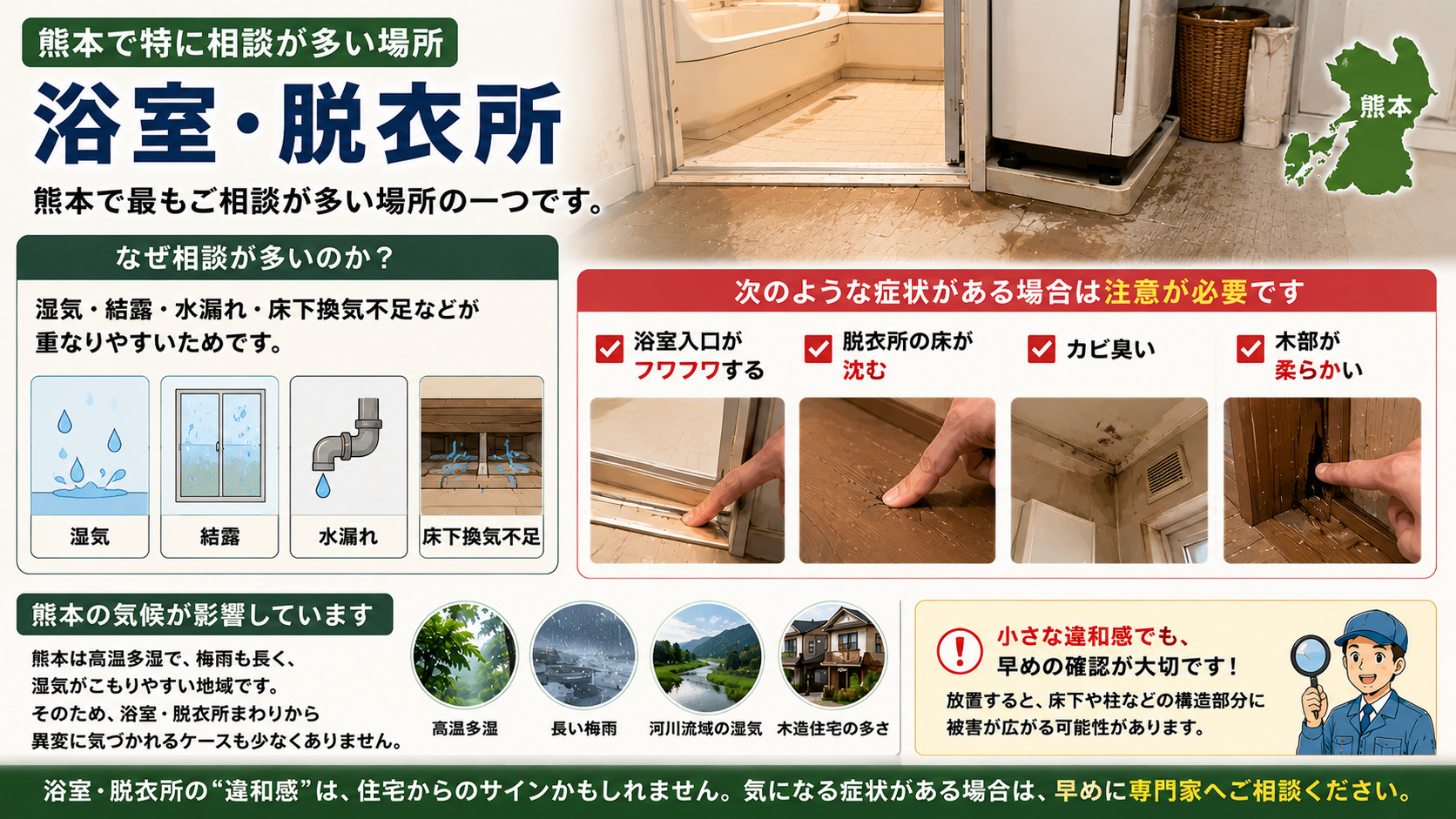 熊本で特に相談が多い浴室・脱衣所のシロアリ被害リスクを写真付きで解説した16対9のインフォグラフィック。浴室入口や脱衣所の床のフワフワ感、沈む床、カビ臭い空間、柔らかくなった木部などの症状を写真で紹介。湿気・結露・水漏れ・床下換気不足が重なりやすい理由や、熊本特有の高温多湿・長い梅雨・河川流域の湿気・木造住宅の多さによる影響を図解し、小さな違和感でも早めの確認が大切であることを伝えるシロアリ対策