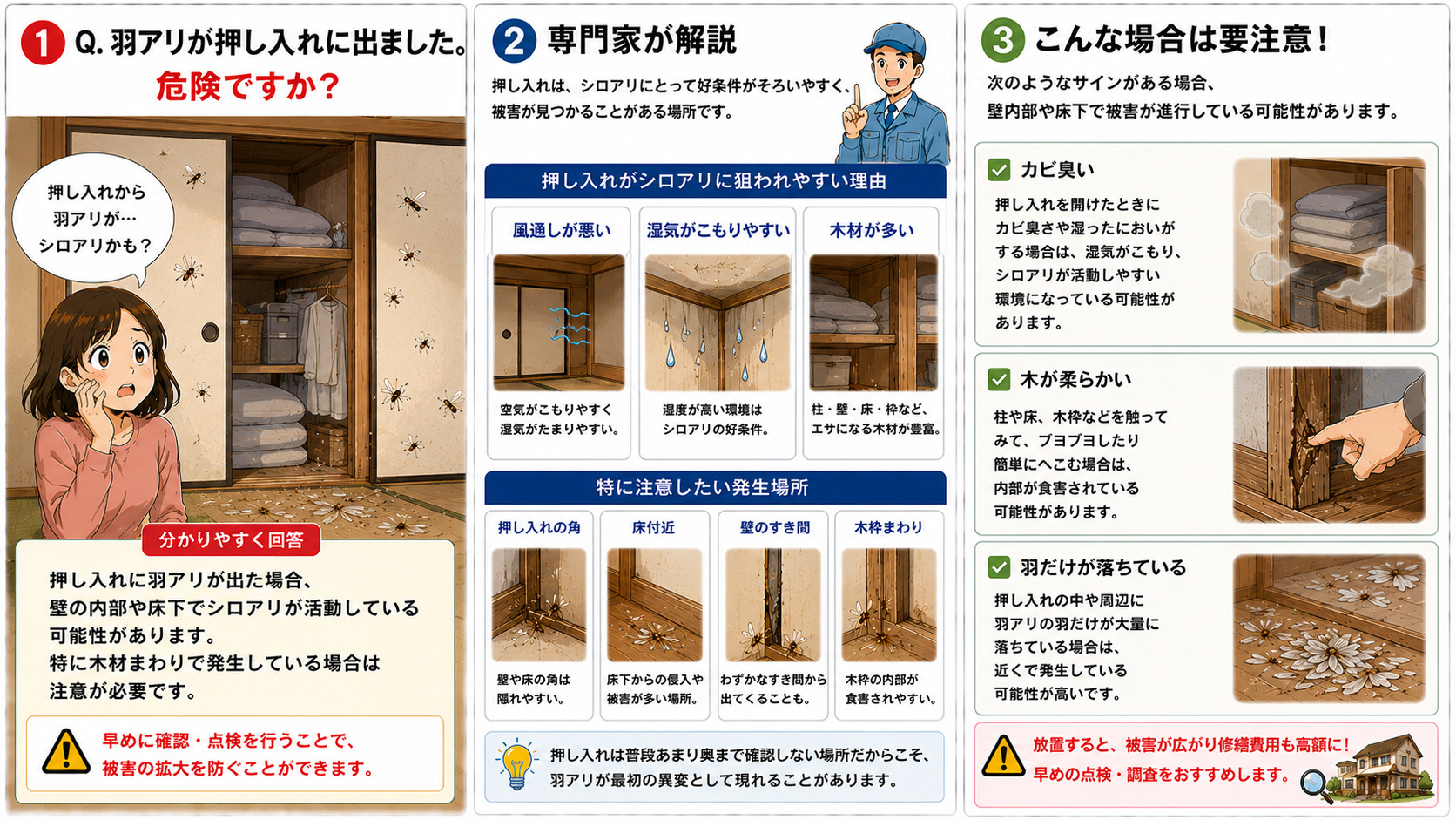 押し入れから羽アリが発生した際に、湿気や木材の多い環境でシロアリが活動する原因や、カビ臭・木材の劣化・羽の大量落下などの危険サイン、早期点検の重要性を解説した3コマ漫画。