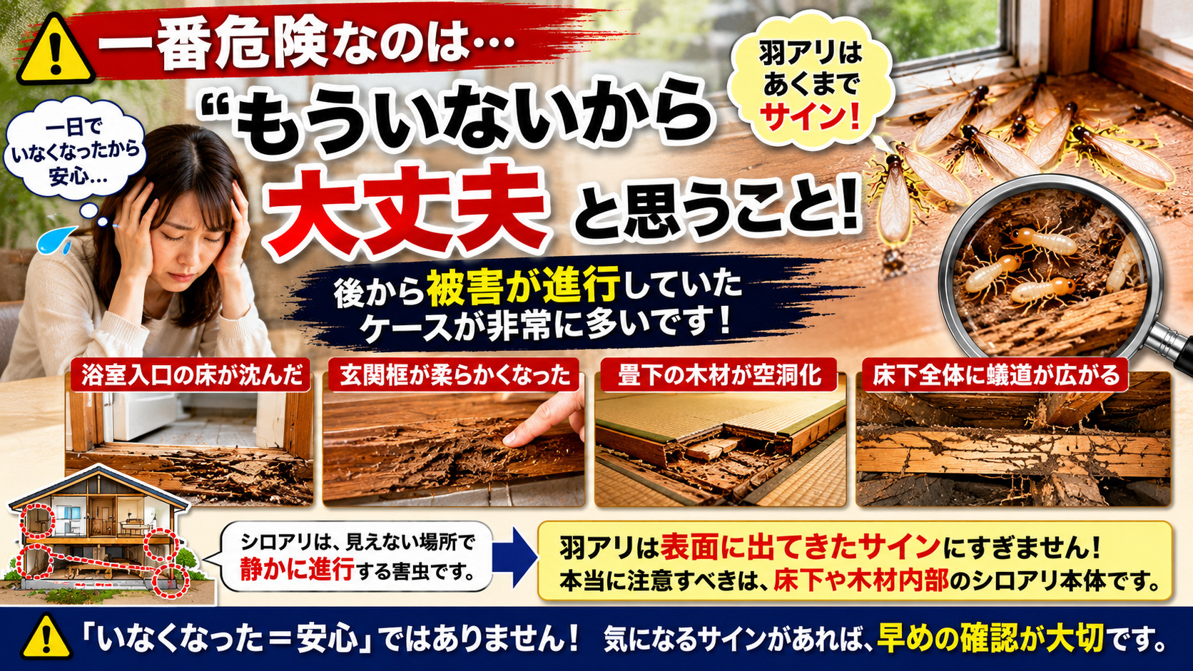 羽アリが一日で消えてもシロアリ被害が進行する危険性を解説した注意喚起インフォグラフィック。浴室入口の床沈み、玄関框の腐食、畳下の空洞化、床下の蟻道拡大など、放置後に後悔しやすいシロアリ被害例を分かりやすく紹介