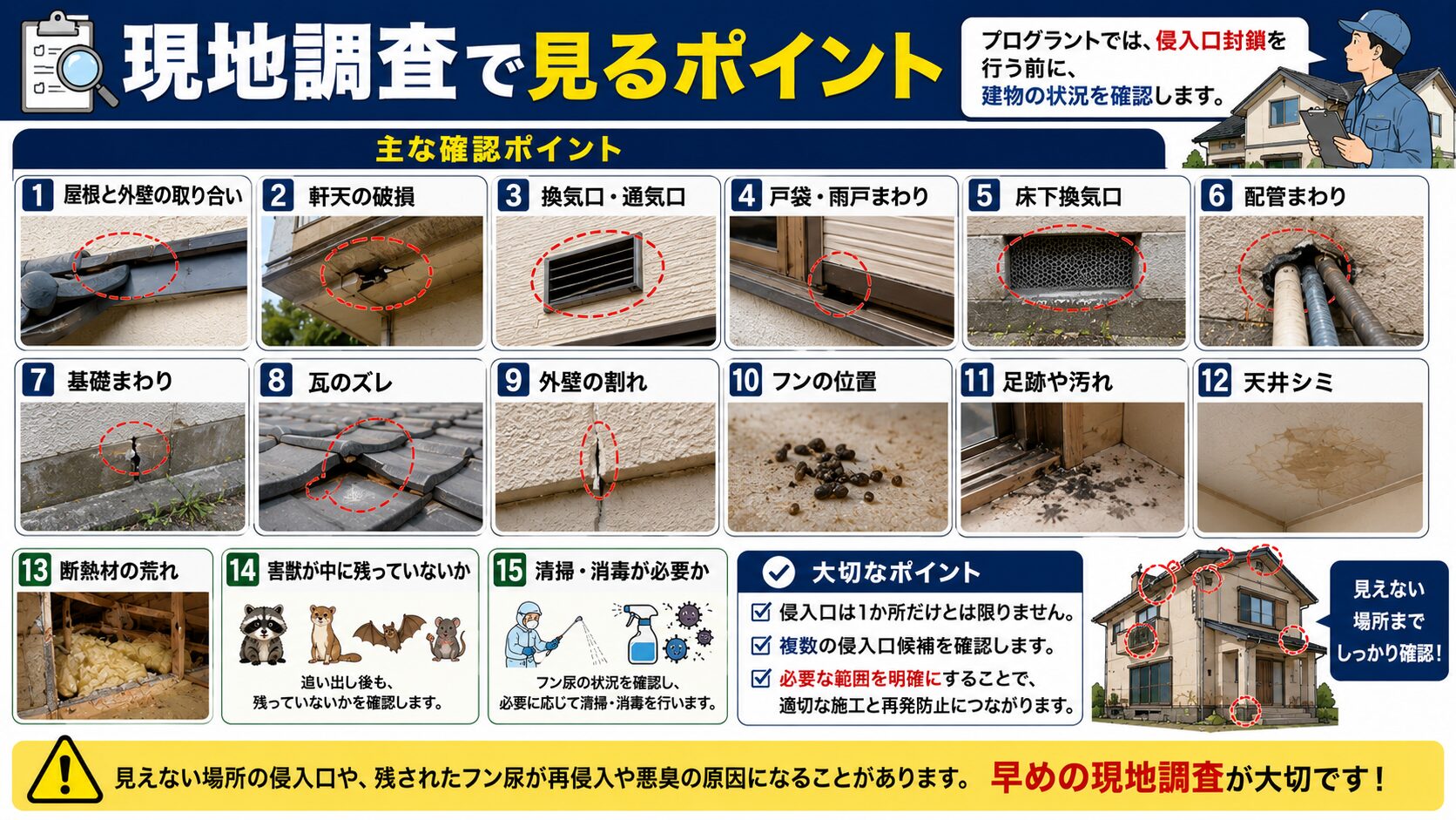 プログラントの現地調査で確認する侵入口封鎖前の点検ポイントをまとめたサムネイル画像。屋根と外壁の取り合い、軒天、換気口、戸袋、床下換気口、配管まわり、基礎、瓦のズレ、外壁の割れ、フンの位置、足跡や汚れ、天井シミ、断熱材の荒れ、害獣の残存確認、清掃・消毒の必要性など、複数の侵入口候補を確認する重要性を写真付きで解説している。