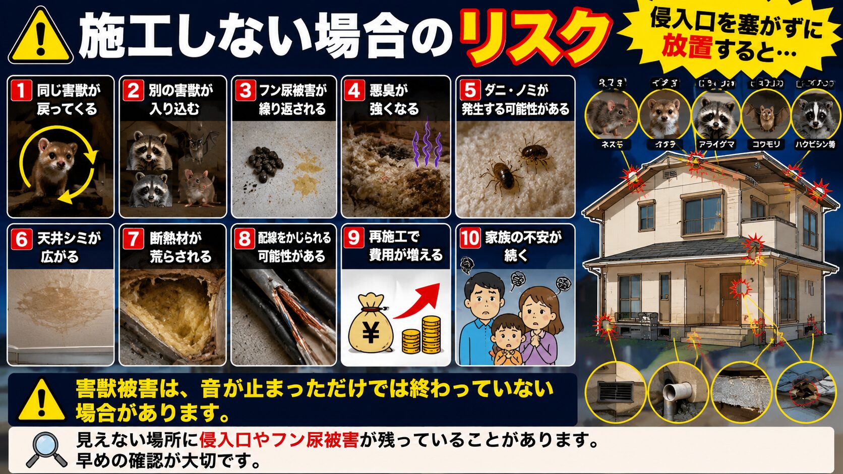 侵入口を塞がずに害獣被害を放置した場合のリスクを解説する16対9のサムネイル画像。同じ害獣の再侵入、別の害獣の侵入、フン尿被害の再発、悪臭、ダニ・ノミの発生、天井シミの拡大、断熱材被害、配線被害、再施工費用の増加、家族の不安などを写真と図解で紹介し、見えない場所に残る侵入口やフン尿被害の早期確認を促している。