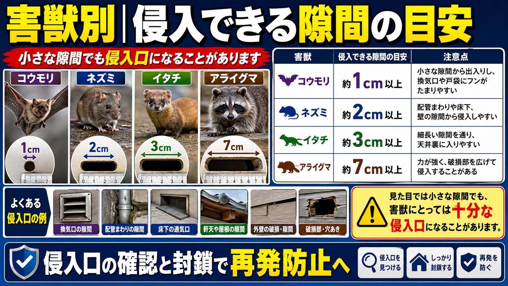 害獣ごとに侵入できる隙間の目安を比較した16対9のサムネイル画像。コウモリは約1cm、ネズミは約2cm、イタチは約3cm、アライグマは約7cm以上の隙間から侵入できることを写真と図で示し、換気口・配管まわり・床下通気口・軒天や屋根・外壁の破損部などが侵入口になる可能性を解説している。