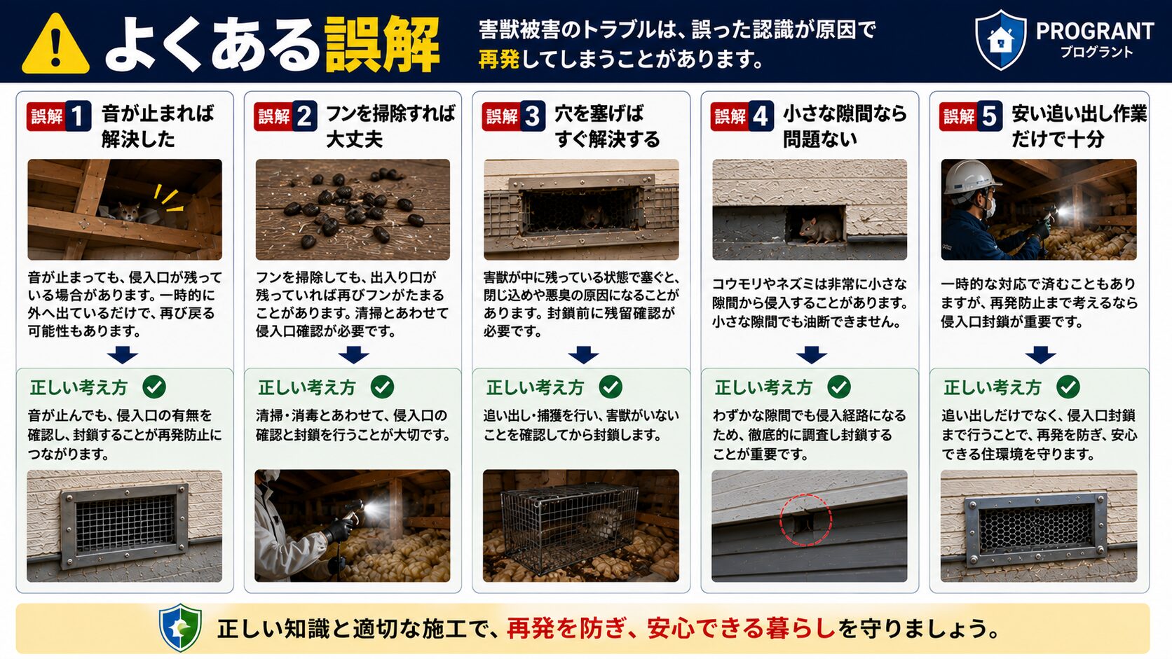 害獣駆除でよくある誤解を5つに分けて解説する16対9のサムネイル画像。音が止まれば解決、フンを掃除すれば大丈夫、穴を塞げばすぐ解決、小さな隙間なら問題ない、安い追い出し作業だけで十分という誤解に対し、侵入口確認、残留確認、清掃・消毒、封鎖施工による再発防止の重要性を写真付きで紹介している。