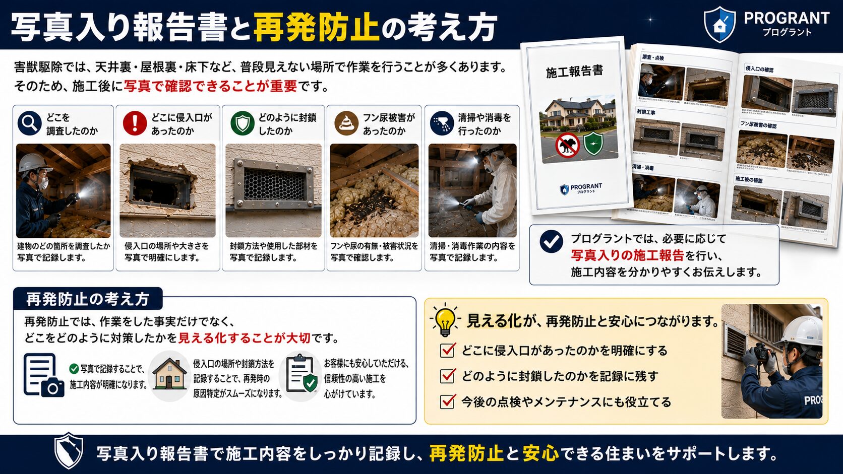 写真入り施工報告書と害獣の再発防止の考え方を解説する16対9のサムネイル画像。天井裏・屋根裏・床下など普段見えない場所の調査内容、侵入口の位置、封鎖方法、フン尿被害、清掃・消毒の有無を写真で記録し、施工内容の見える化が再発防止と安心につながることを紹介している。
