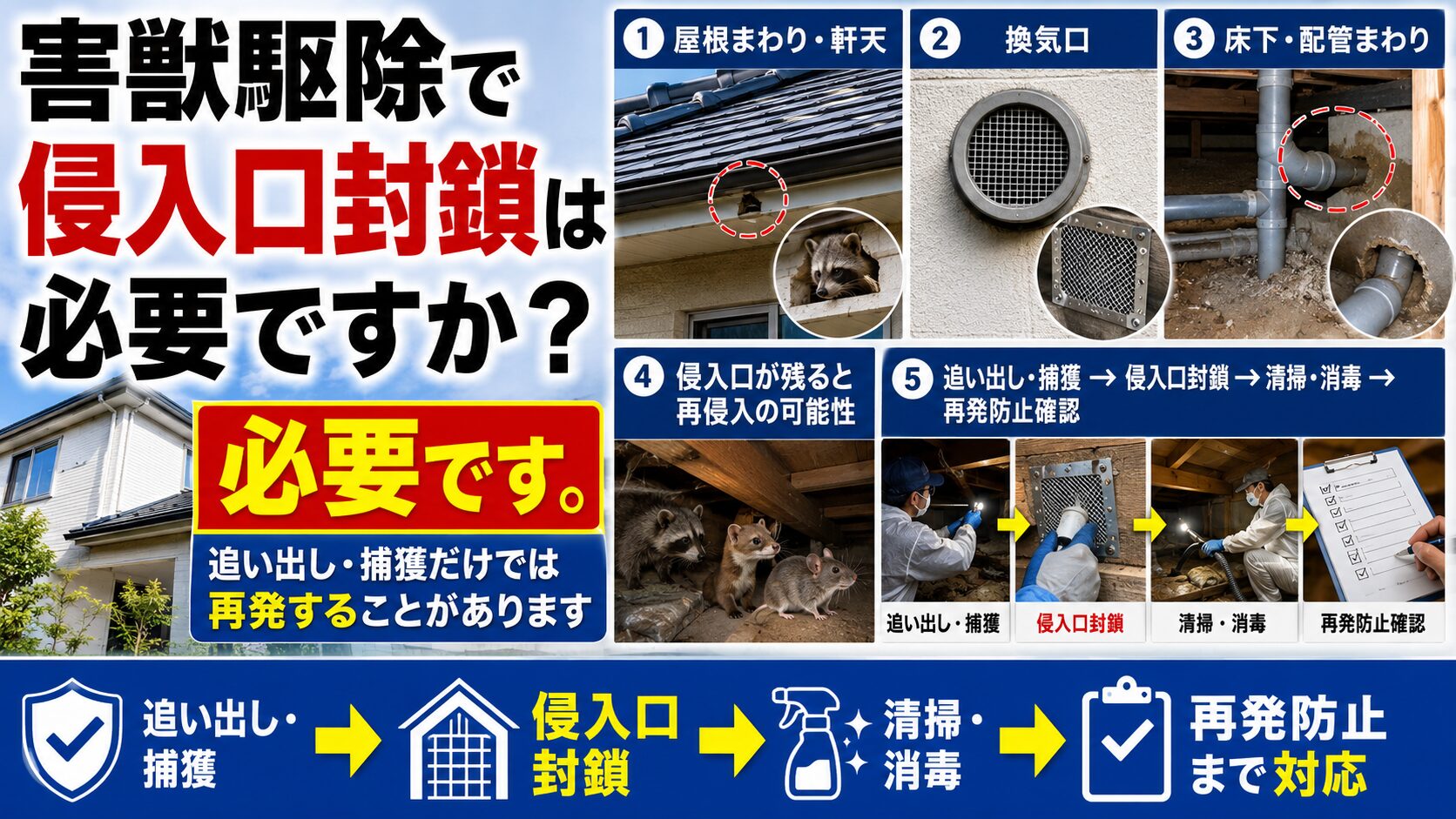 害獣駆除で侵入口封鎖が必要な理由を説明するサムネイル画像。屋根まわり・軒天、換気口、床下・配管まわりの侵入口例と、追い出し・捕獲後に封鎖、清掃・消毒、再発防止確認まで行う流れを写真付きで解説。