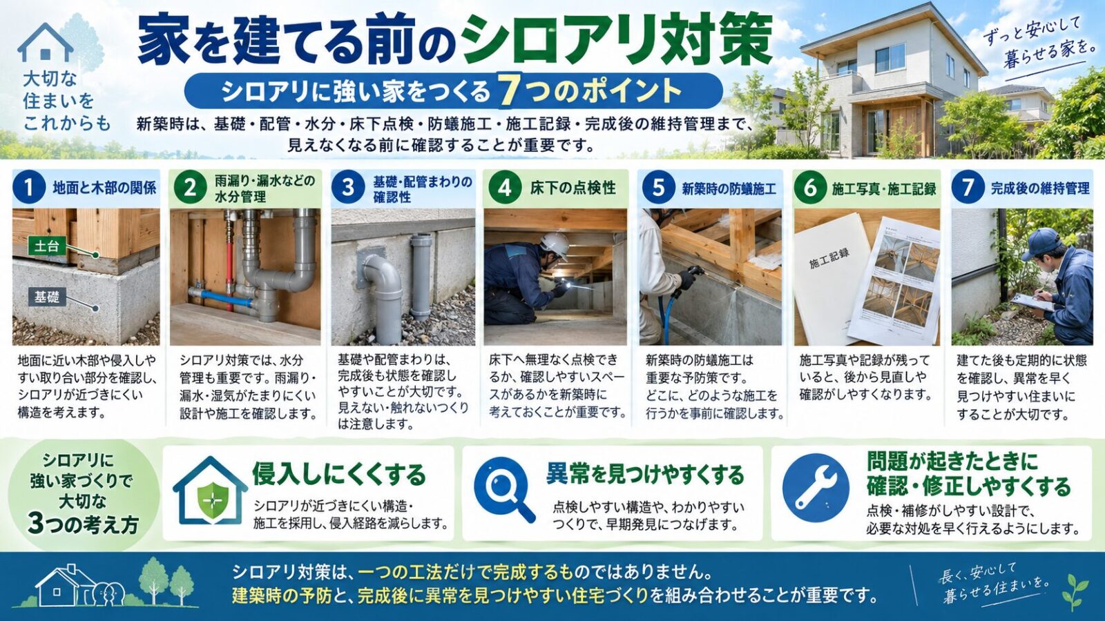 家を建てる前のシロアリ対策を7つのポイントで解説するインフォグラフィック｜地面と木部の関係・水分管理・基礎や配管の確認性・床下点検・防蟻施工・施工記録・完成後の維持管理を紹介