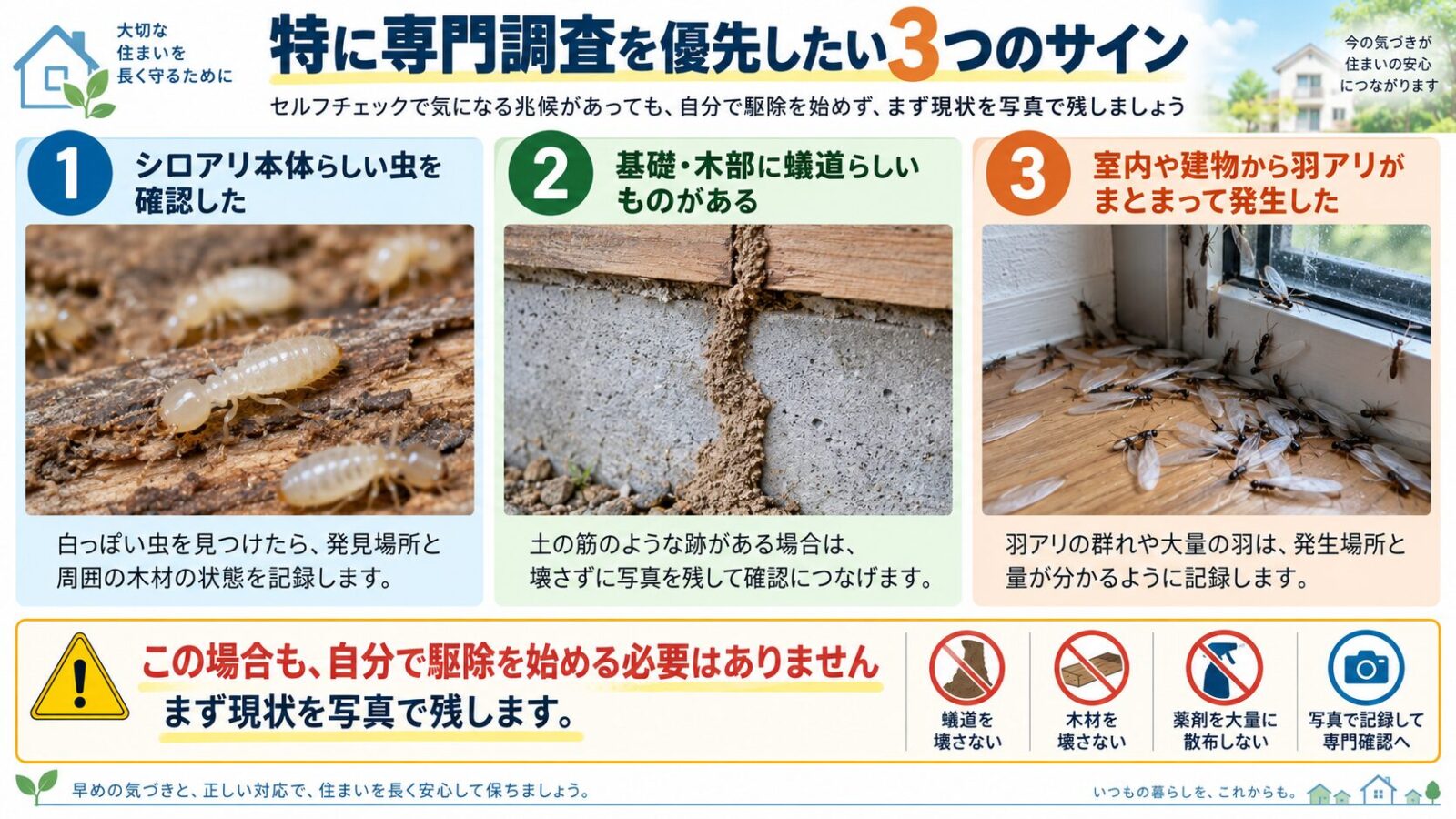 専門調査を優先したいシロアリの3つのサインを解説するインフォグラフィック|シロアリ本体らしい虫・基礎や木部の蟻道らしい跡・室内や建物からまとまって発生した羽アリを写真付きで紹介