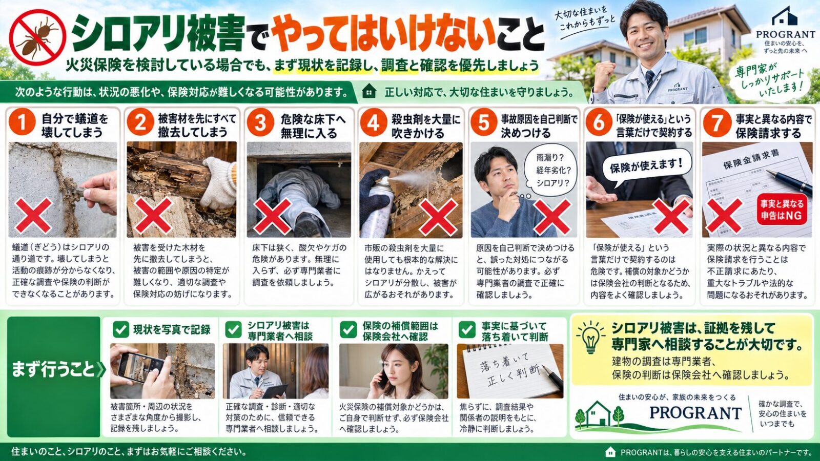 シロアリ被害でやってはいけない行動を解説するインフォグラフィック｜蟻道を壊す・被害材を撤去する・危険な床下に入る・事故原因を決めつける・保険が使えると言われただけで契約するなどの注意点を写真付きで紹介