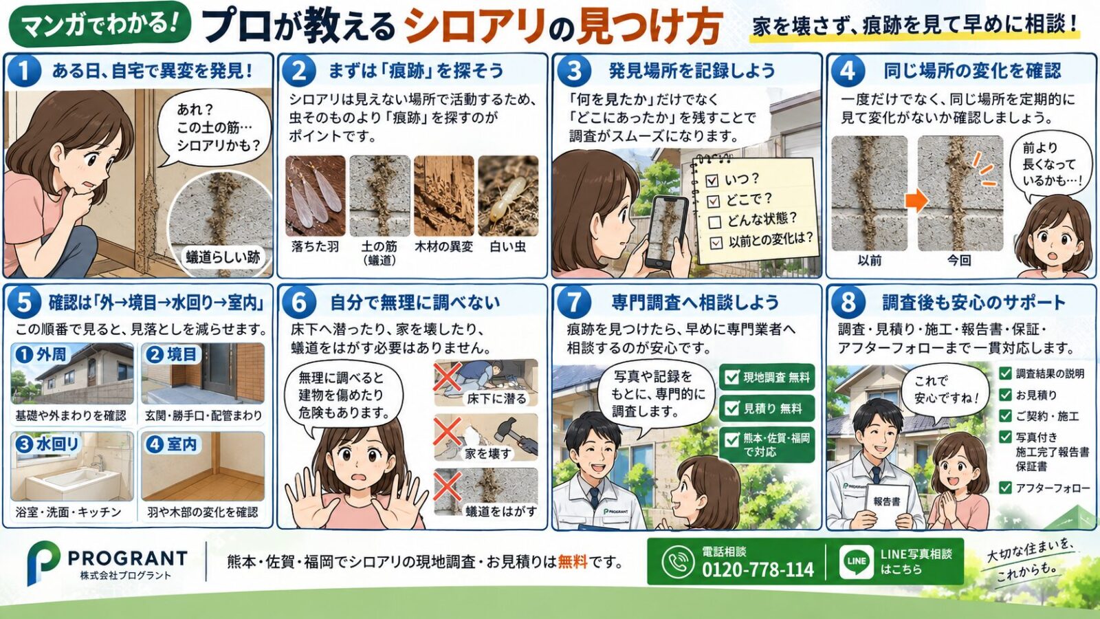 プロが教えるシロアリの見つけ方を8コマ漫画で解説するインフォグラフィック|蟻道・落ちた羽・白い虫・木材の異変を確認し、発見場所と変化を記録して専門調査につなげる流れを紹介