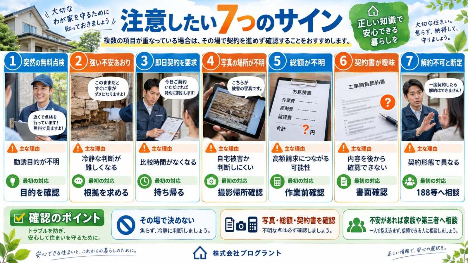 シロアリ点検商法や契約トラブルで注意したい7つのサインを解説するインフォグラフィック｜突然の無料点検・不安をあおる勧誘・即日契約・写真の場所不明・総額不明・曖昧な契約書・解約不可の断定への対処を紹介