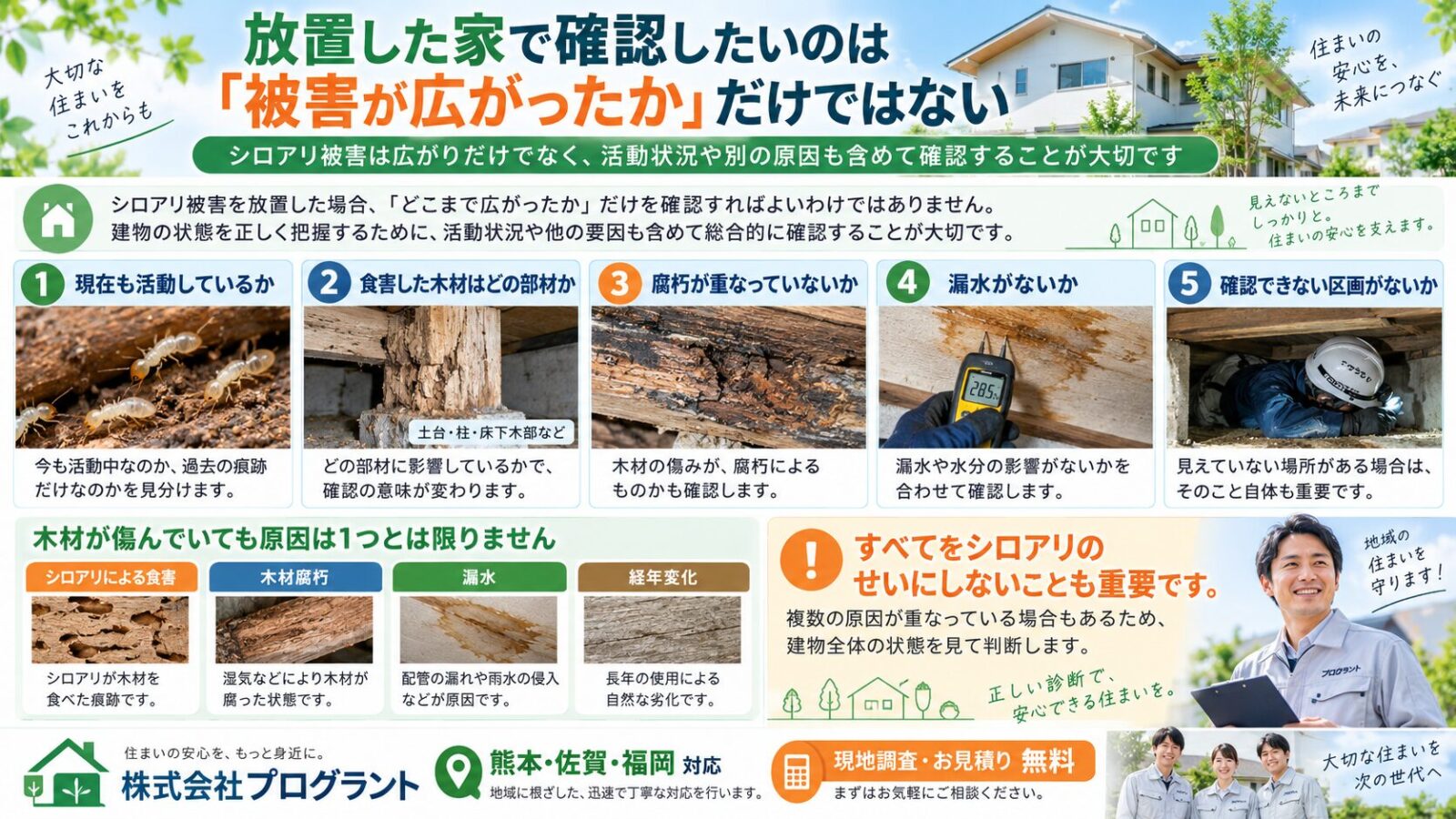 シロアリ被害を放置した家で確認すべきポイントを解説するインフォグラフィック|現在の活動状況・食害した木材・腐朽・漏水・未確認区画を確認し、木材の傷みをすべてシロアリ原因と決めつけない重要性を紹介
