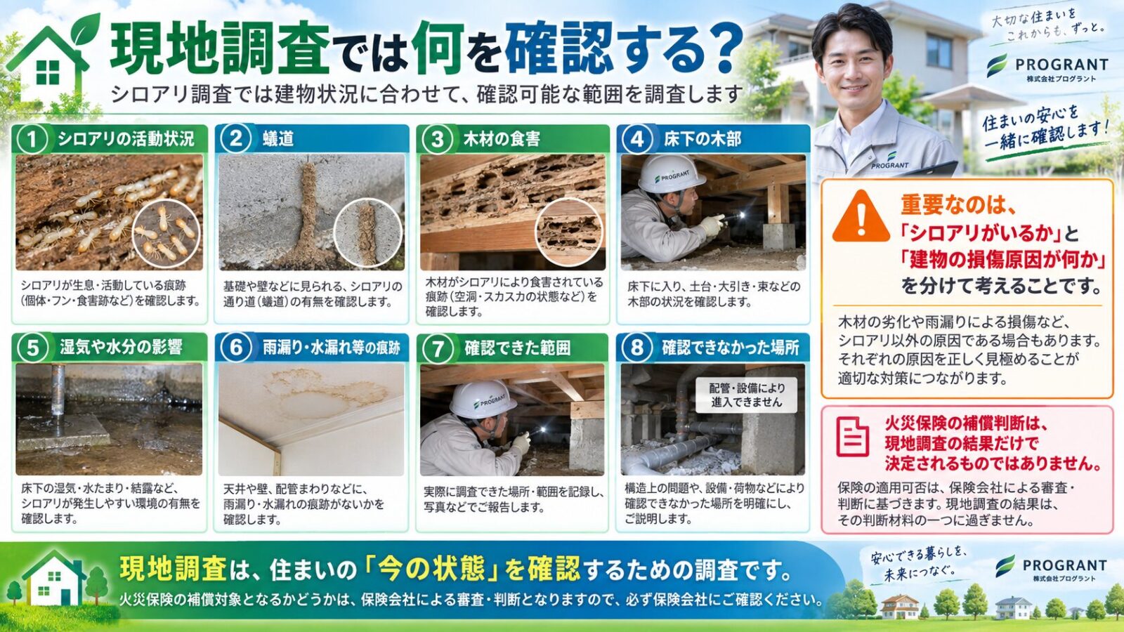 シロアリの現地調査で確認するポイントを解説するインフォグラフィック｜シロアリの活動状況・蟻道・木材の食害・床下木部・湿気や水分・雨漏りや水漏れの痕跡・確認できた範囲と未確認箇所を写真付きで紹介