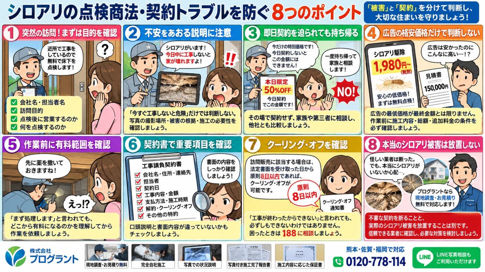 シロアリ点検商法や契約トラブルを防ぐ8つのポイントを漫画で解説するインフォグラフィック｜訪問目的確認・不安をあおる説明・即日契約・広告価格・有料範囲・契約書・クーリングオフ・実際のシロアリ被害確認を紹介