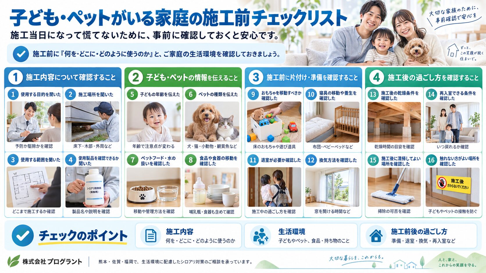子どもやペットがいる家庭でシロアリ施工前に確認したい薬剤の目的・施工場所・使用範囲・退室・換気・再入室条件などを写真付きで整理したチェックリスト