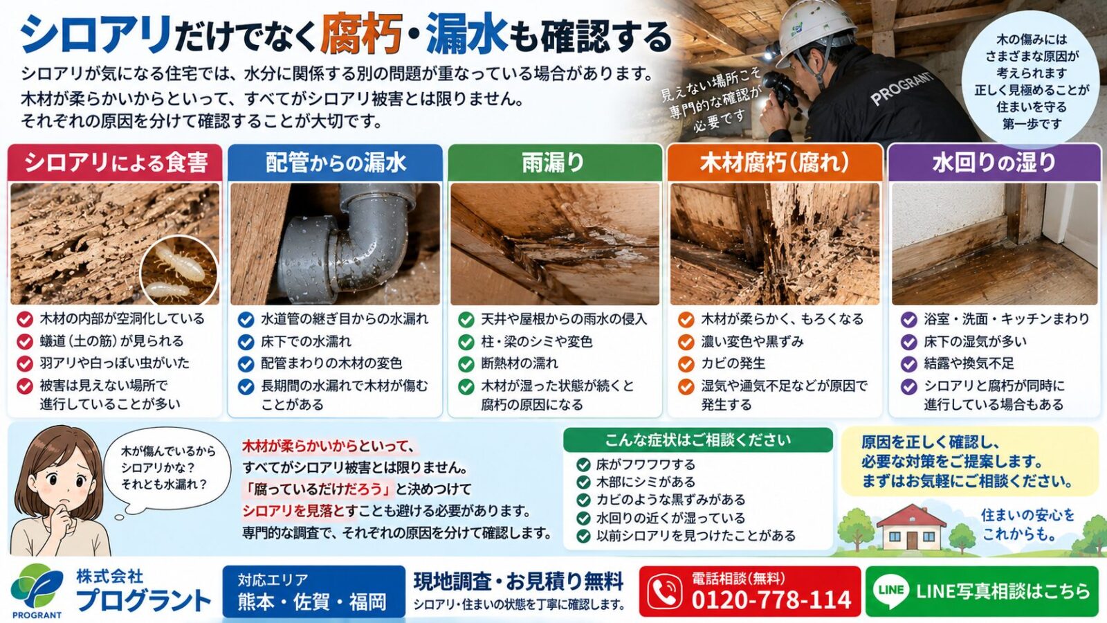 シロアリだけでなく木材腐朽・配管漏水・雨漏り・水回りの湿気も確認する重要性を解説するインフォグラフィック|木材の傷みを一つの原因に決めつけず写真付きで紹介
