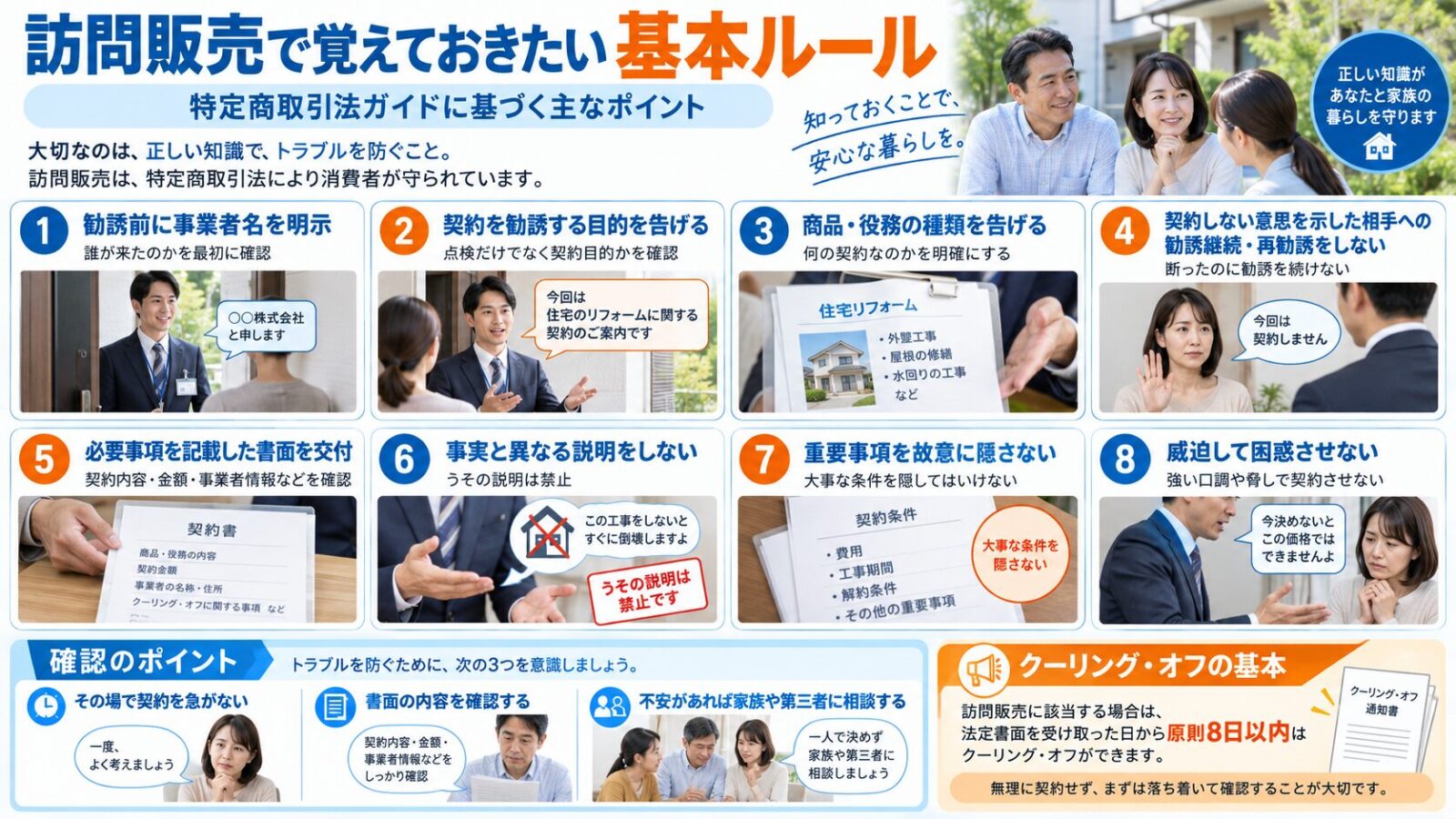 訪問販売で覚えておきたい特定商取引法の基本ルールを解説するインフォグラフィック｜事業者名・勧誘目的・役務内容の明示、再勧誘禁止、書面交付、不実説明・重要事項の隠蔽・威迫の禁止、クーリングオフを紹介