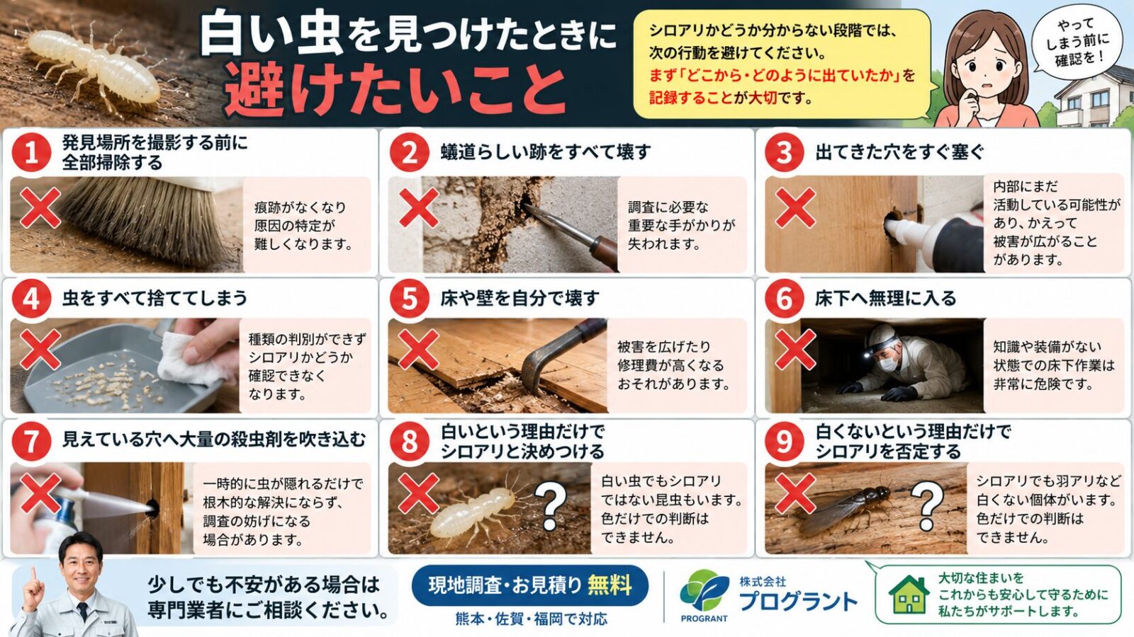 白い虫を見つけたときに避けたい行動を解説するインフォグラフィック|掃除前の記録・蟻道を壊す・穴を塞ぐ・虫を捨てる・床や壁を壊す・床下に入る・殺虫剤を大量使用するなどの注意点を紹介