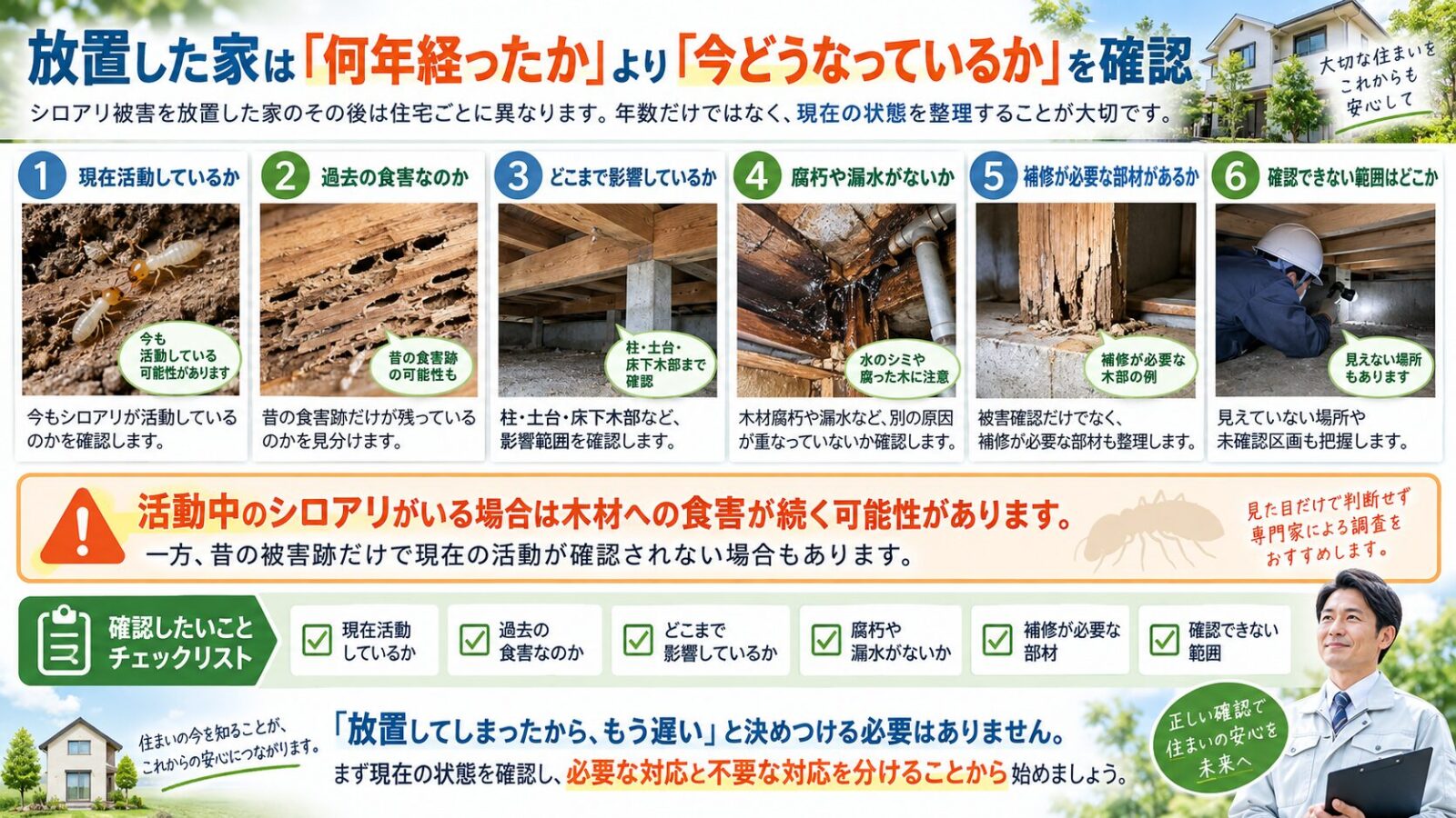 シロアリ被害を放置した住宅で確認すべきポイントをまとめたインフォグラフィック|現在の活動状況・過去の食害・影響範囲・腐朽や漏水・補修が必要な部材・未確認範囲を整理し、今の状態確認の重要性を紹介