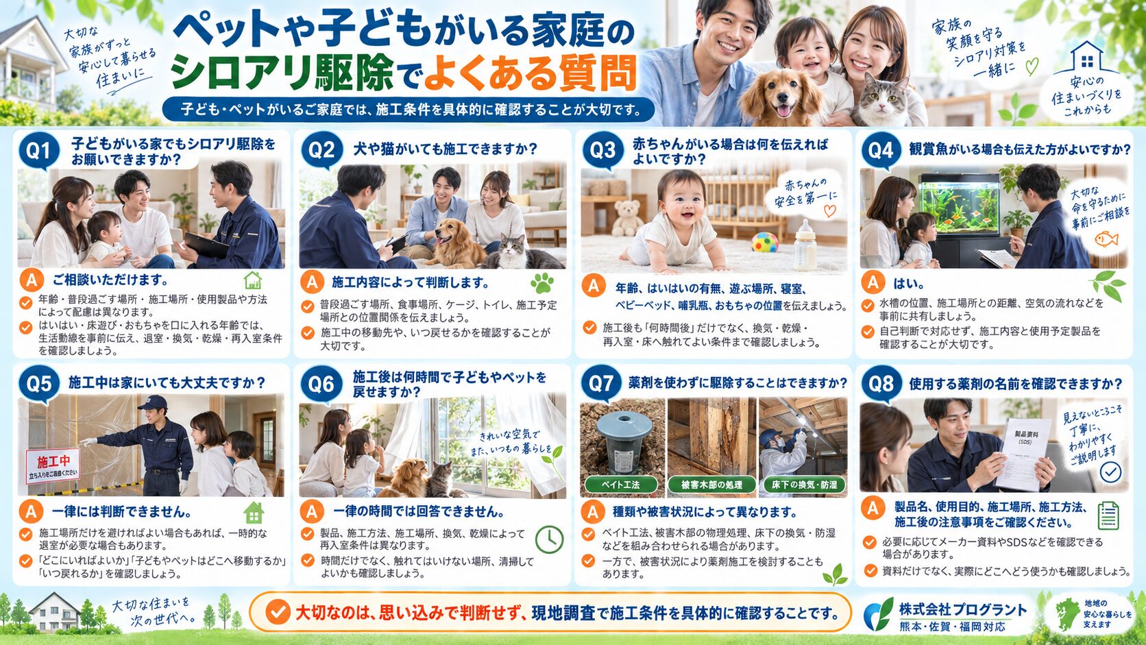 ペットや子どもがいる家庭のシロアリ駆除でよくある質問として、子どもや犬猫・赤ちゃん・観賞魚への配慮、施工中の過ごし方、施工後に戻る条件、薬剤を使わない方法、使用製品の確認方法を写真付きで解説した16対9のインフォグラフィック
