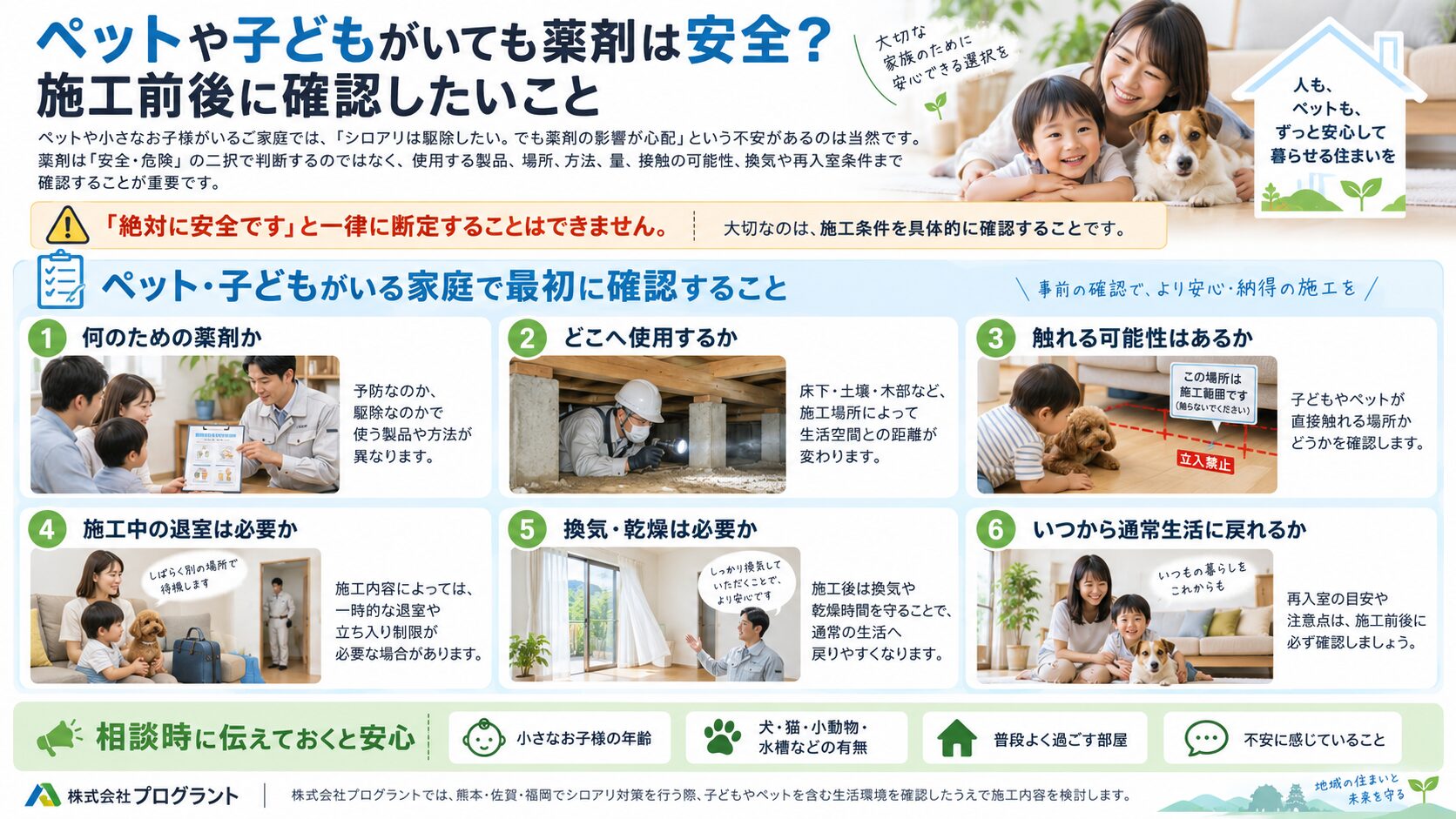 ペットや子どもがいる家庭のシロアリ防除で確認したい薬剤の使用場所・接触可能性・退室・換気・再入室条件を写真付きで解説したインフォグラフィック