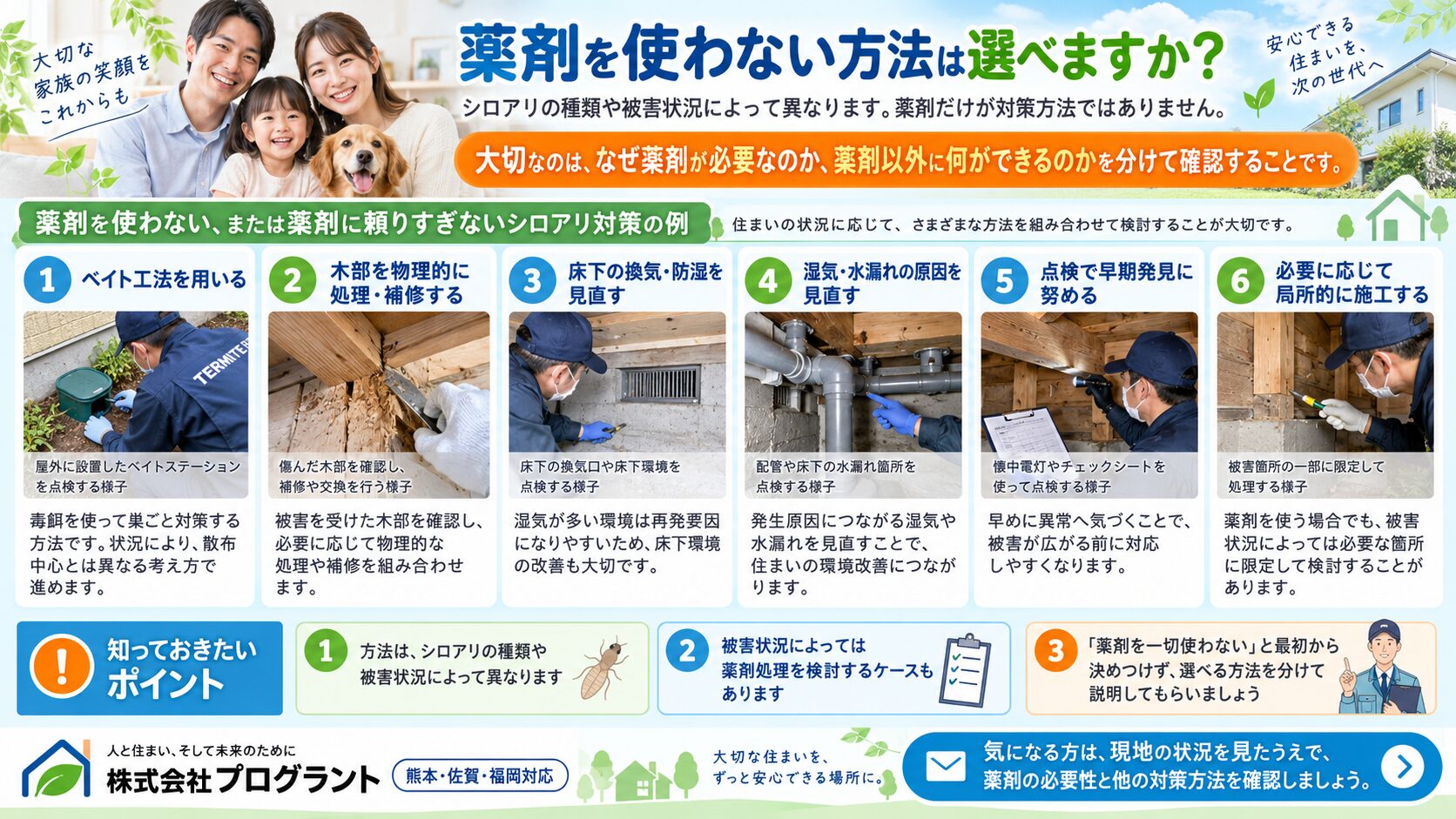 シロアリ対策で薬剤を使わない方法として、ベイト工法・木部補修・床下の換気や防湿・湿気や水漏れ対策・定期点検・局所施工を写真付きで解説したインフォグラフィック