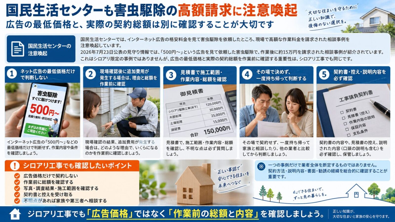 国民生活センターが注意喚起する害虫駆除の高額請求事例を解説するインフォグラフィック｜広告の格安料金だけで判断せず、作業前に施工内容・見積総額・契約書を確認する重要性を紹介