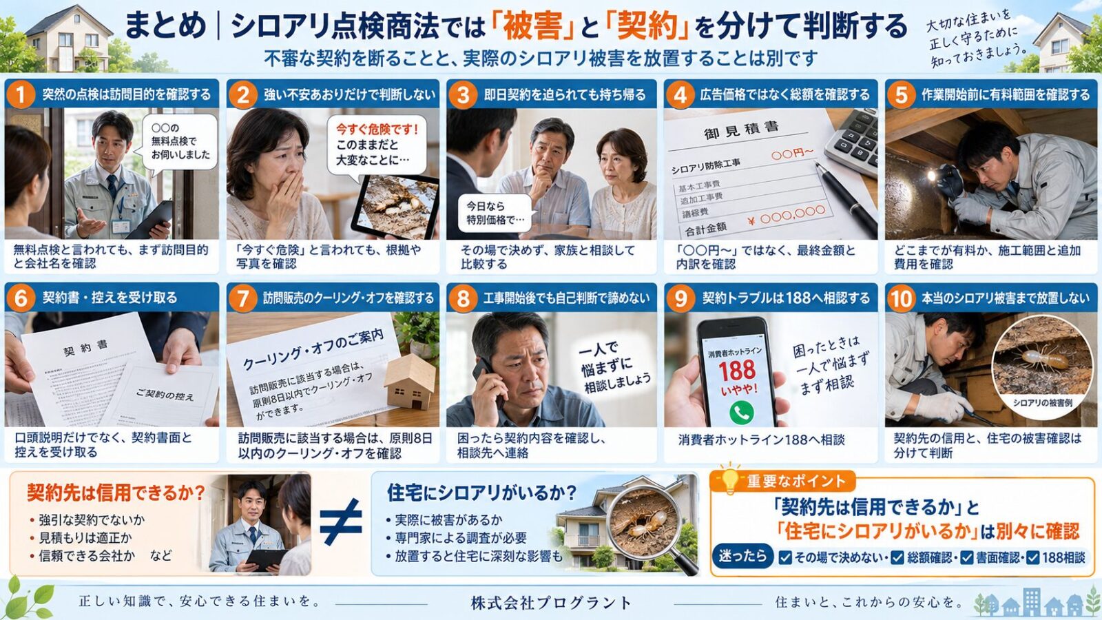 シロアリ点検商法や契約トラブルを防ぐために、被害確認と契約判断を分けて考える10のポイントを解説したインフォグラフィック｜訪問目的確認・即日契約回避・総額確認・契約書確認・クーリングオフ・188相談・実際のシロアリ被害確認を紹介