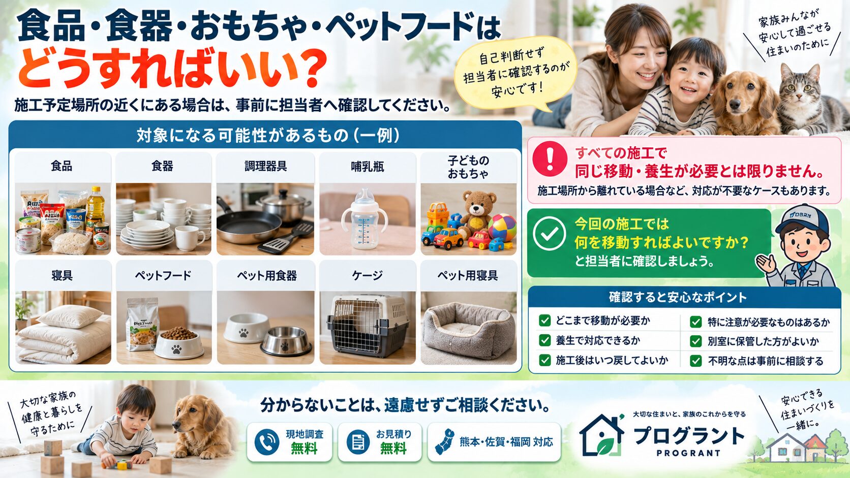 シロアリ施工前に食品・食器・おもちゃ・ペットフード・寝具などをどう扱うかを、移動や養生の確認ポイントとともに写真付きで解説したインフォグラフィック