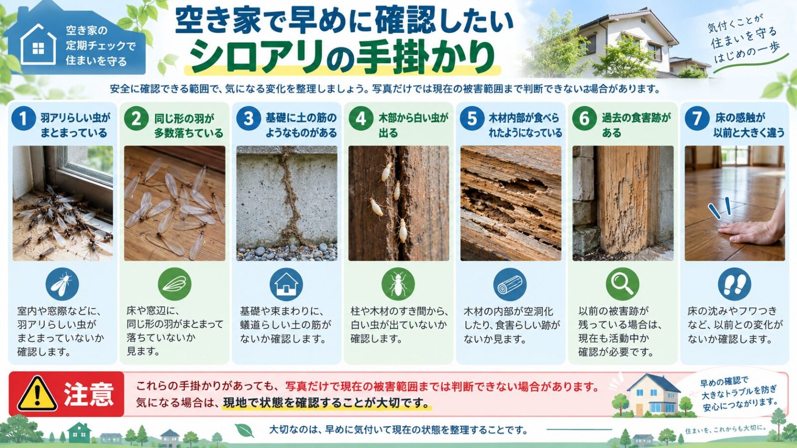 空き家で早めに確認したいシロアリの手掛かりを解説するインフォグラフィック|羽アリらしい虫・同じ形の羽・基礎の土の筋・白い虫・木材内部の食害・過去の食害跡・床の感触の変化を写真付きで紹介