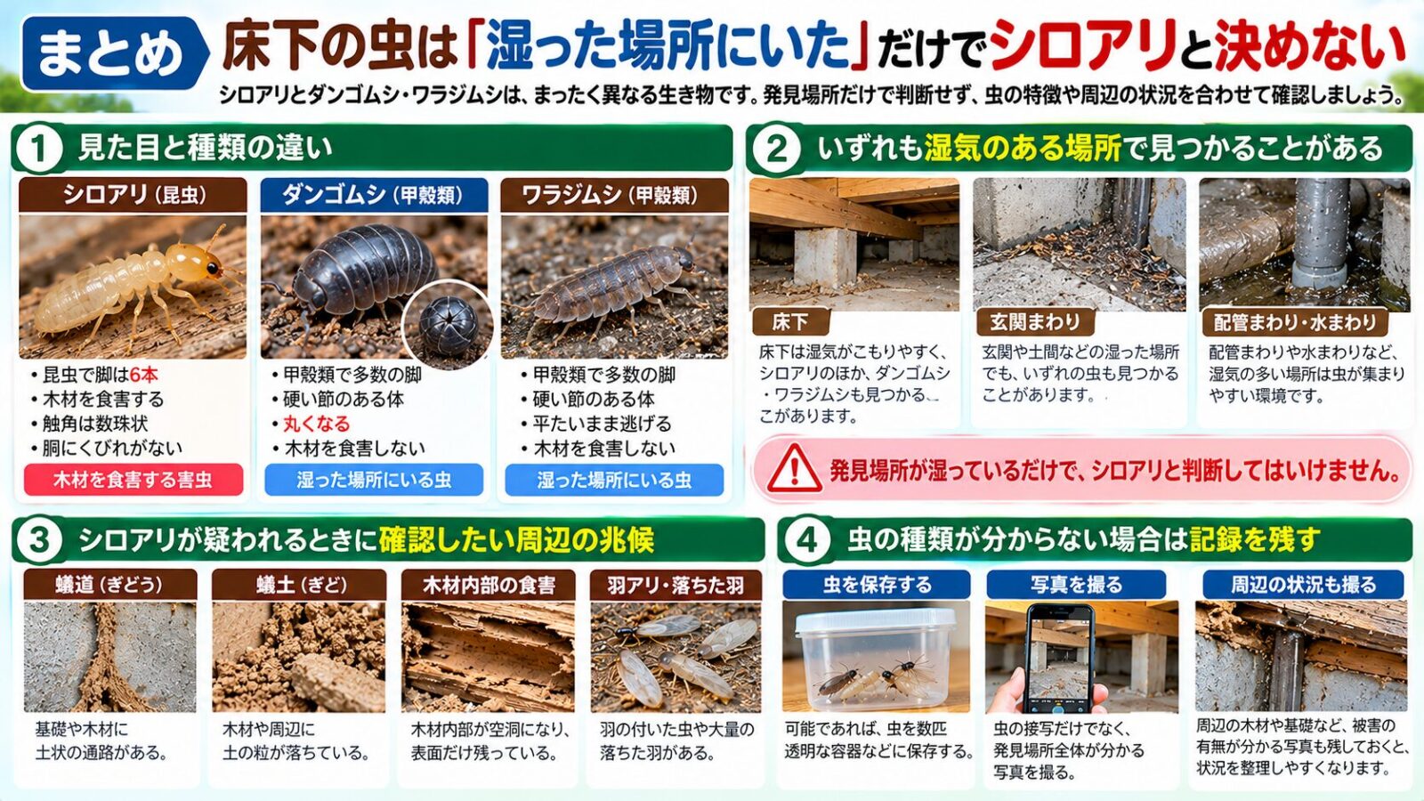 床下で見つかる虫について、湿った場所にいたという理由だけでシロアリと決めてはいけないことを写真付きで解説したインフォグラフィック。シロアリとダンゴムシ・ワラジムシの違い、脚の本数や体の形、ダンゴムシは丸くなる・ワラジムシは平たいまま逃げる特徴を比較し、蟻道・蟻土・木材内部の食害・羽アリ・落ちた羽など周囲の兆候を確認する重要性を説明。虫の種類が分からない場合は、虫と発見場所全体、木材や基礎の写真を残す方法も紹介。